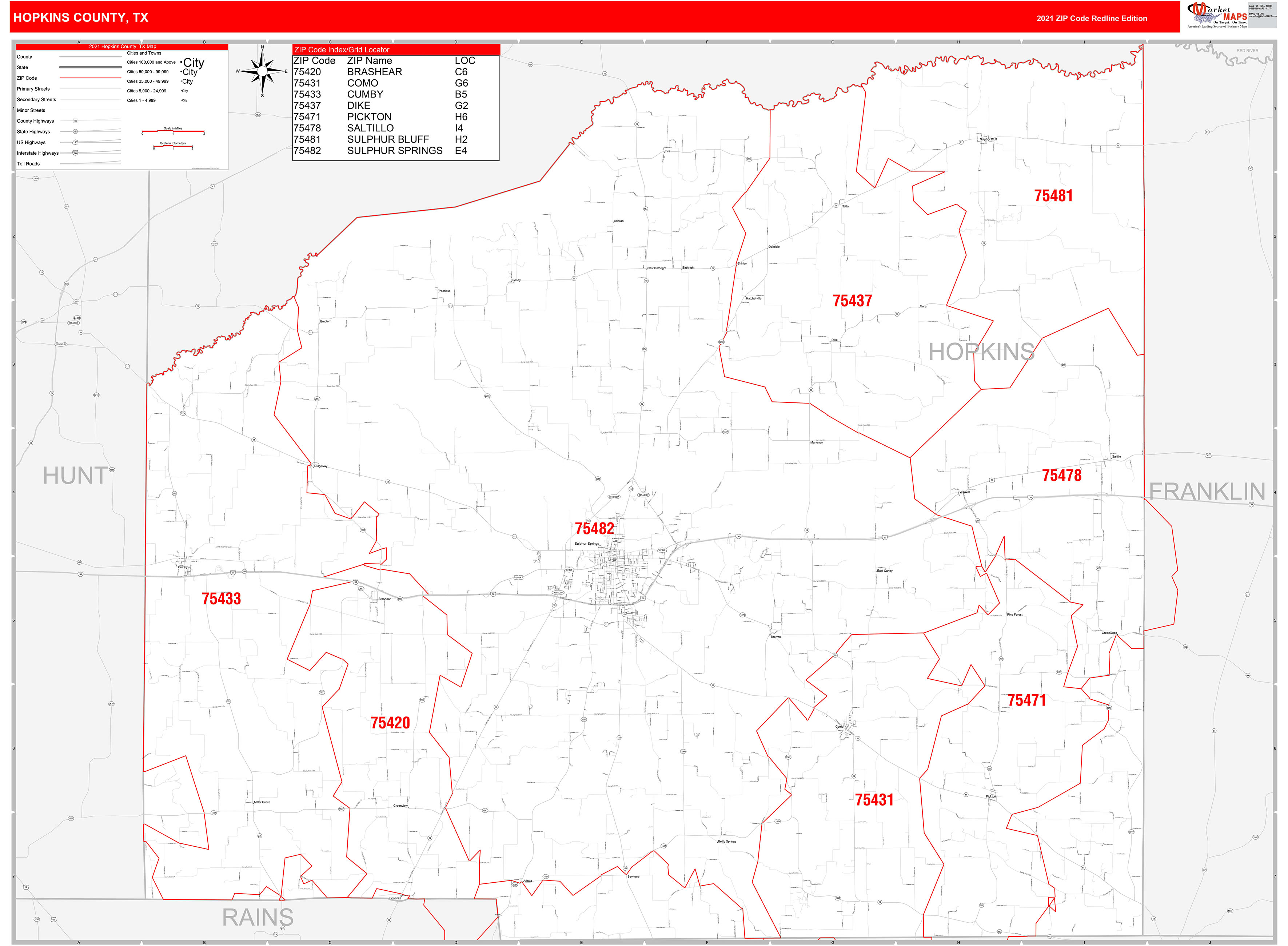 Hopkins County, TX Zip Code Wall Map Red Line Style by MarketMAPS MapSales