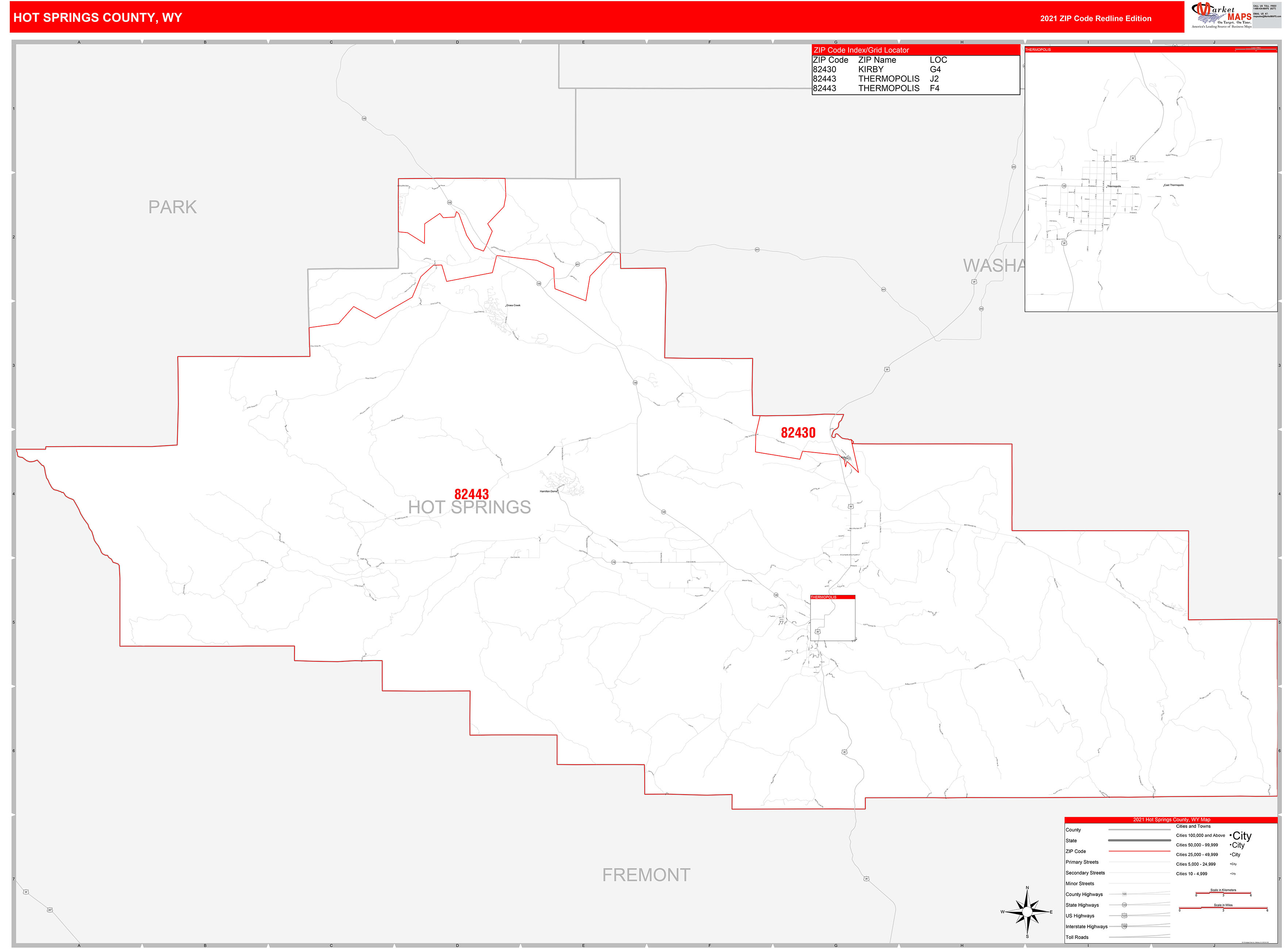 Hot Springs County, WY Zip Code Wall Map Red Line Style by MarketMAPS