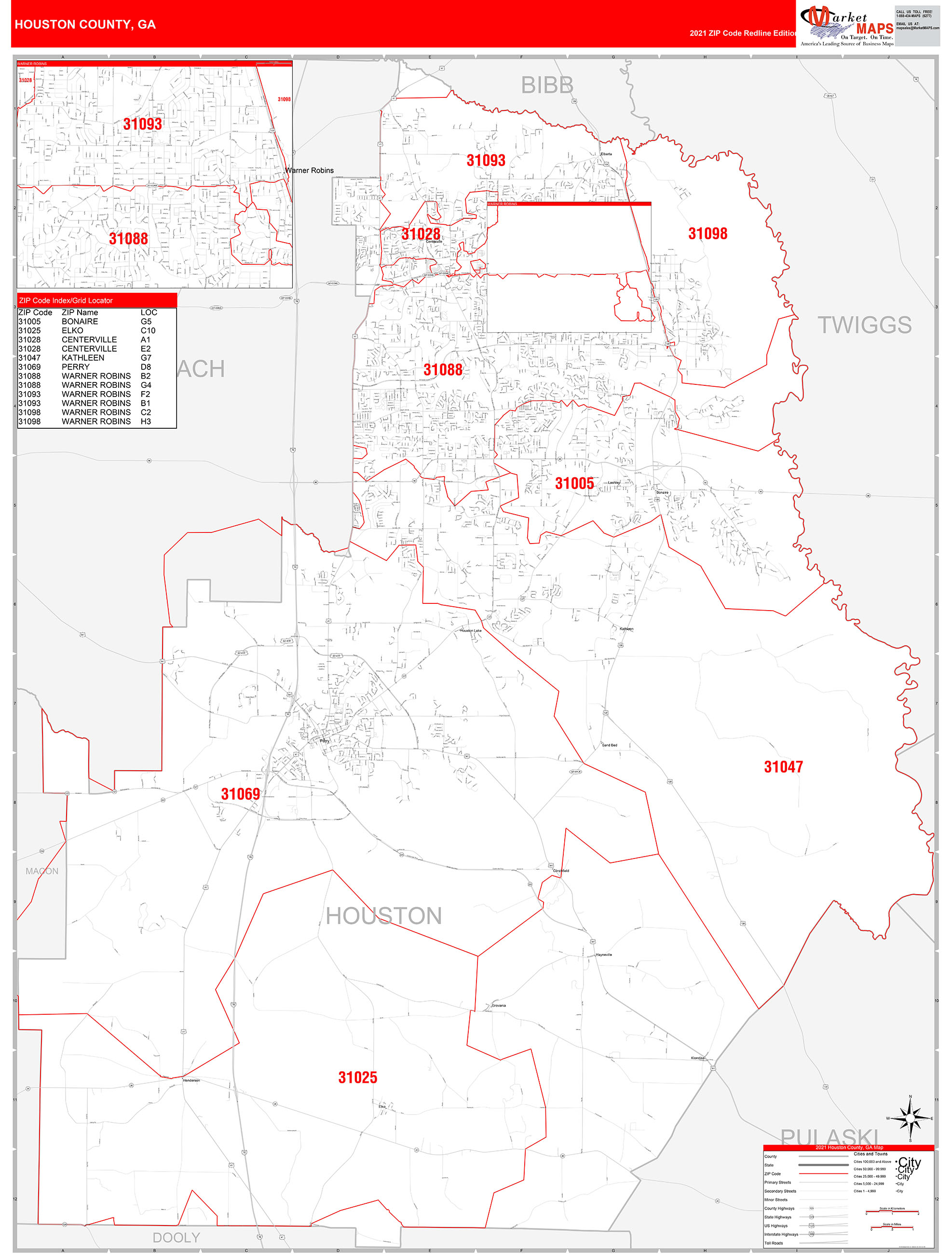 Houston County, GA Zip Code Wall Map Red Line Style by MarketMAPS