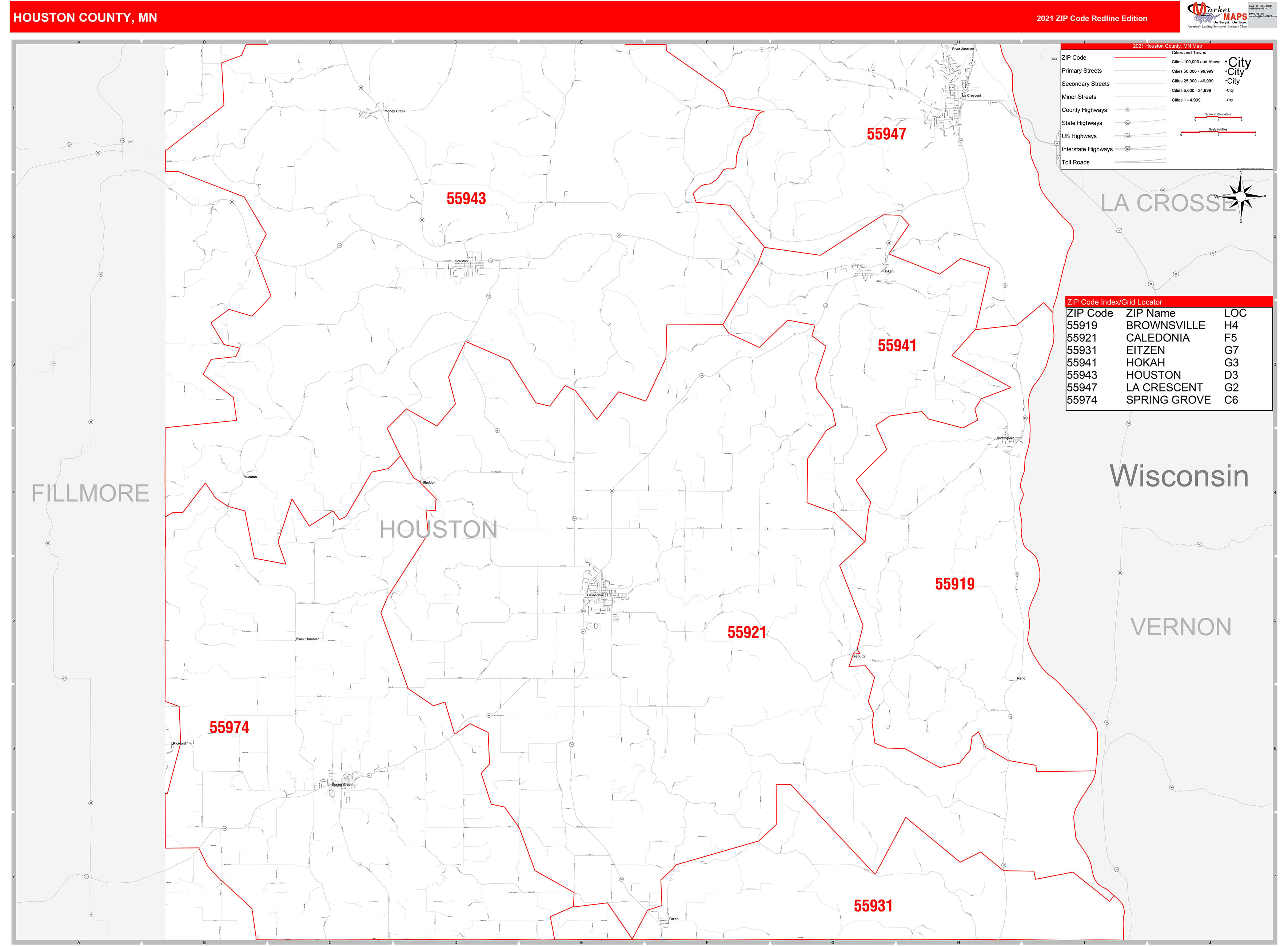 Houston County, MN Zip Code Wall Map Red Line Style by MarketMAPS