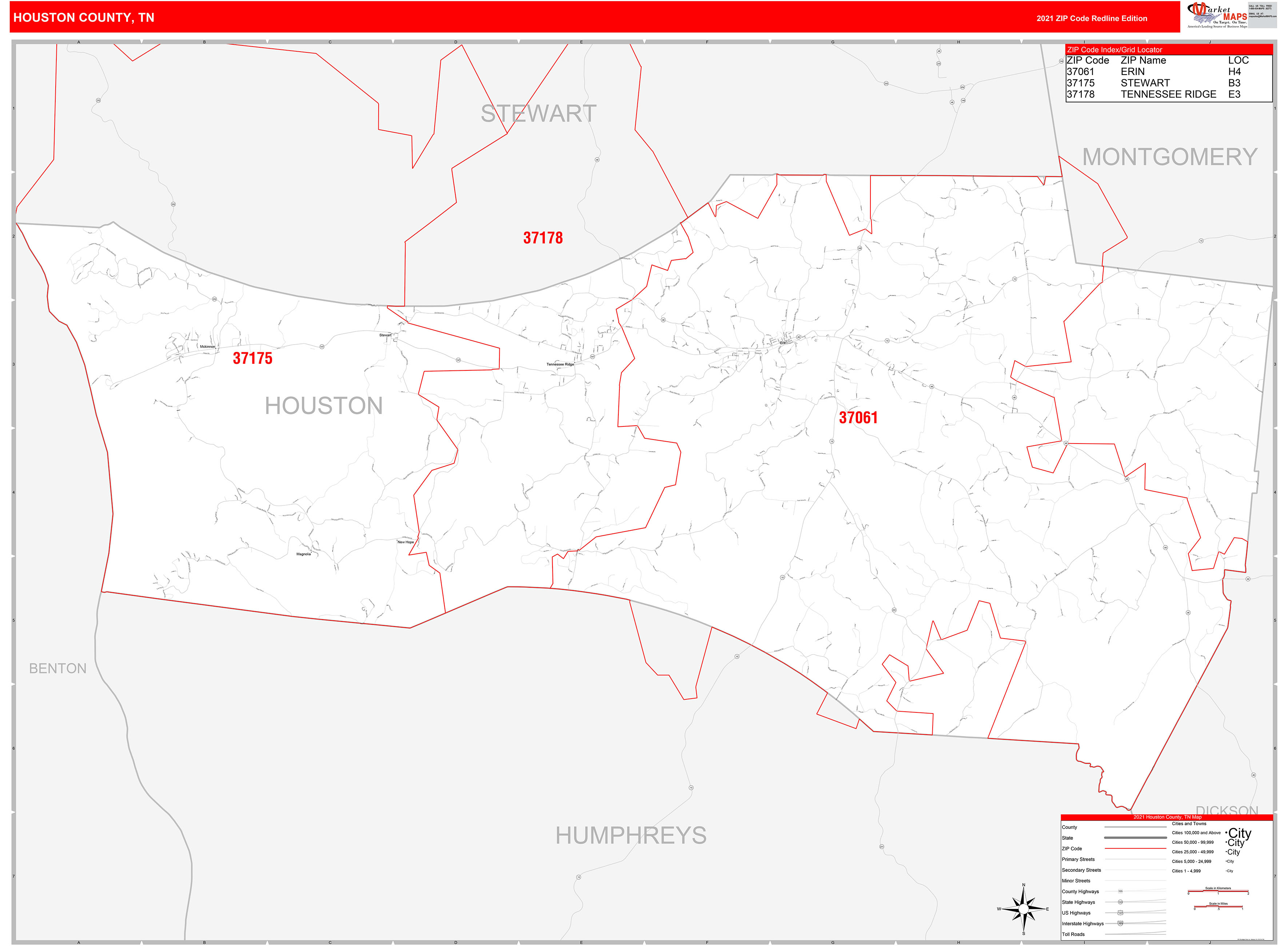 Houston County, TN Zip Code Wall Map Red Line Style by MarketMAPS
