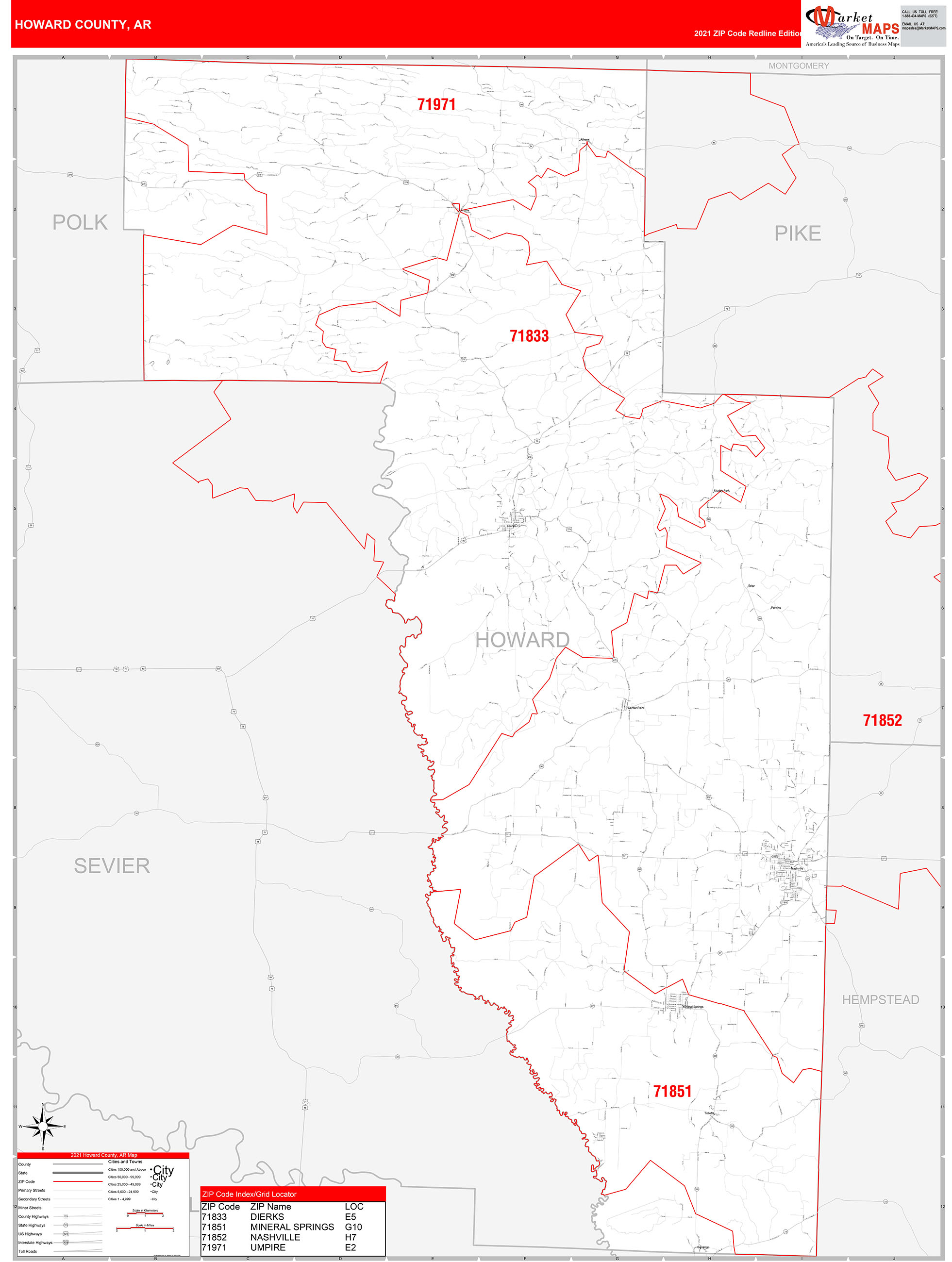 Howard County Ar Zip Code Wall Map Red Line Style By Marketmaps