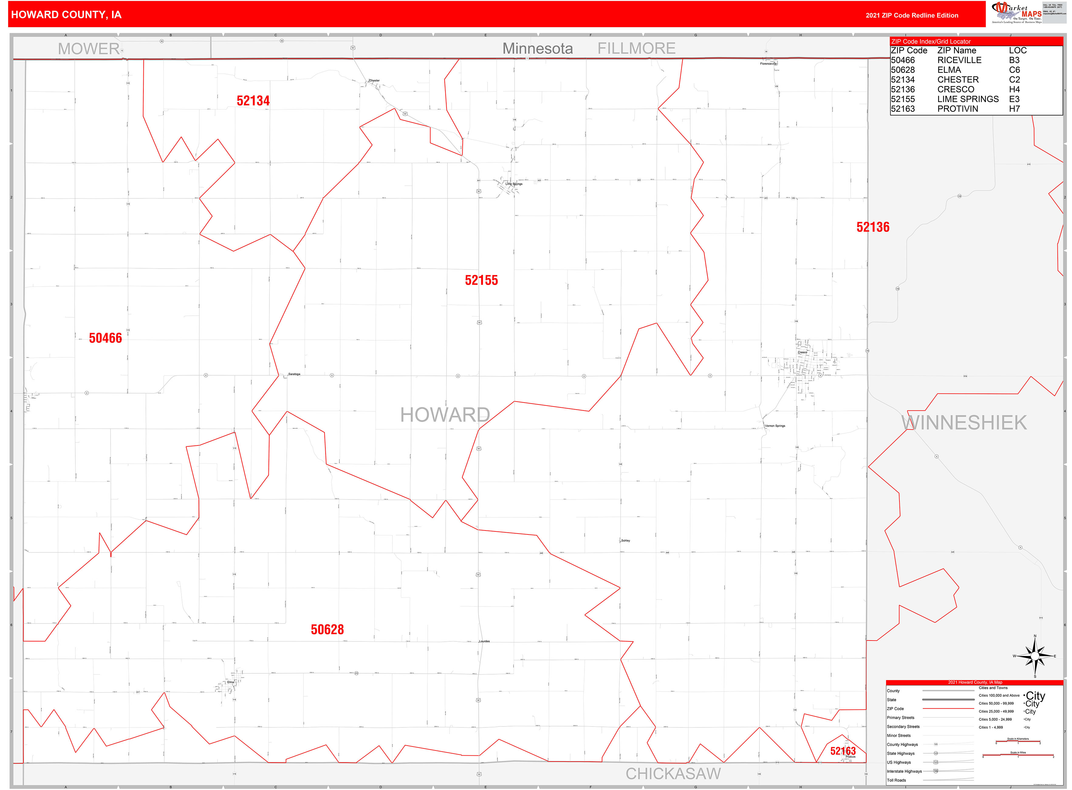 Howard County, IA Zip Code Wall Map Red Line Style by MarketMAPS