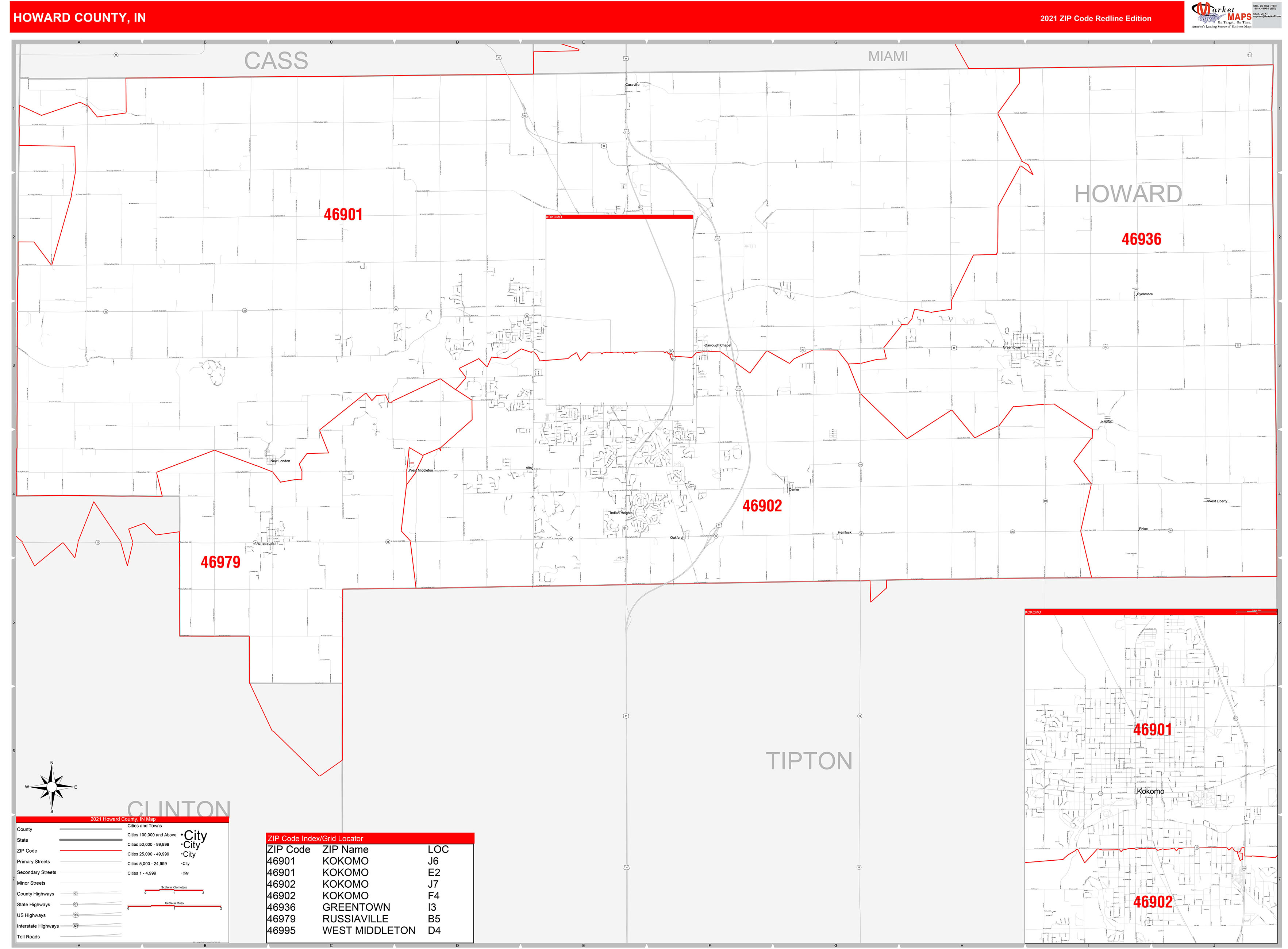 Howard County, IN Zip Code Wall Map Red Line Style by MarketMAPS
