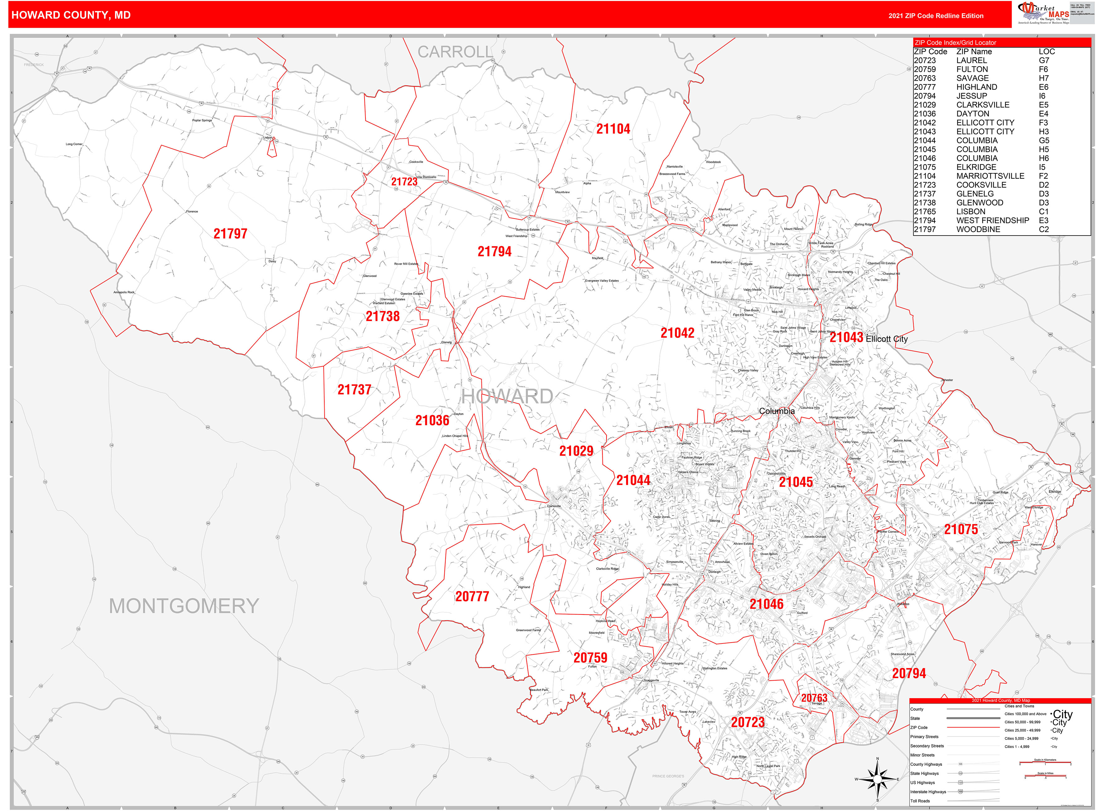 Howard County Md Zip Code Wall Map Red Line Style By Marketmaps