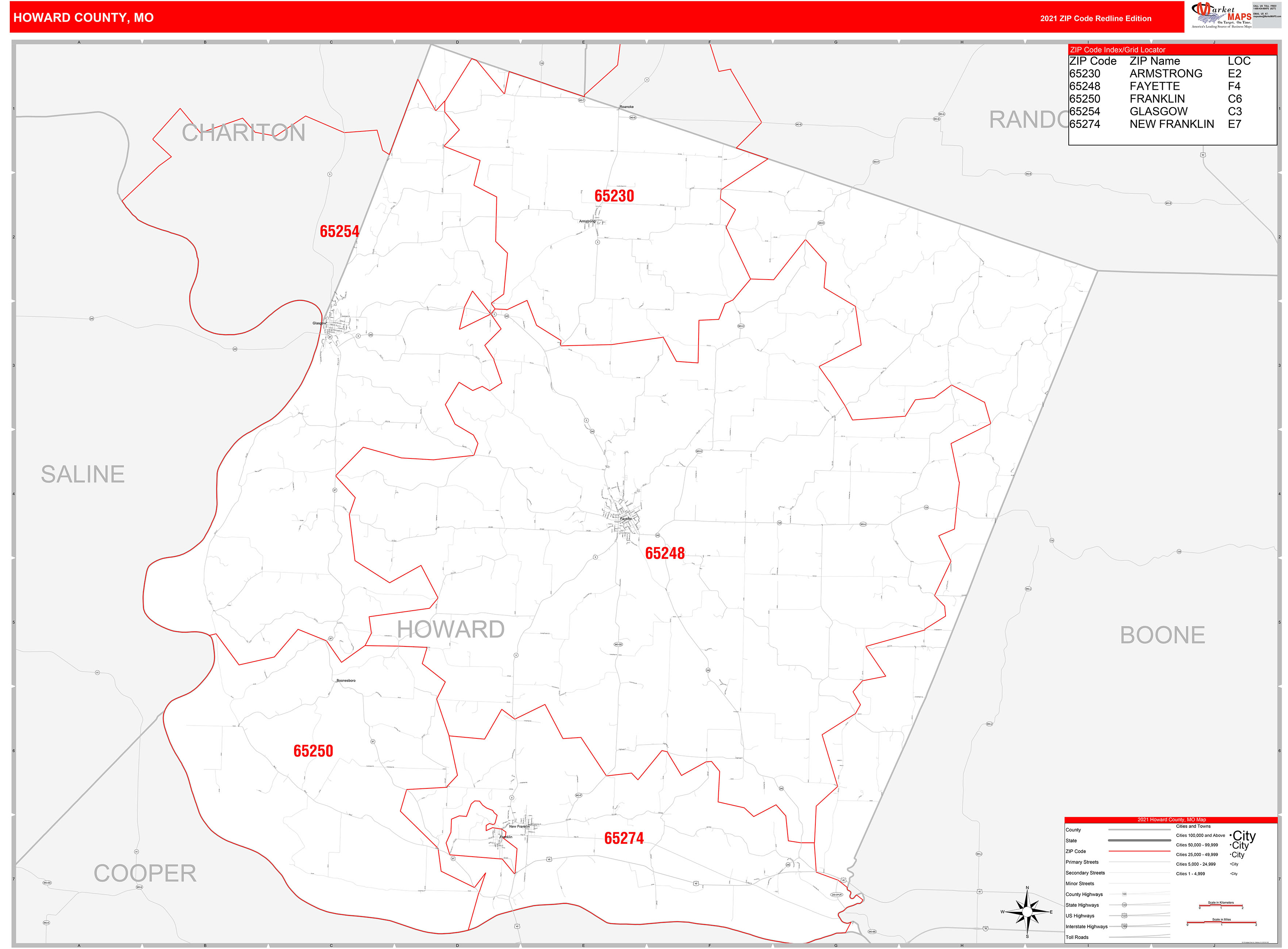 Howard County Mo Zip Code Wall Map Red Line Style By Marketmaps