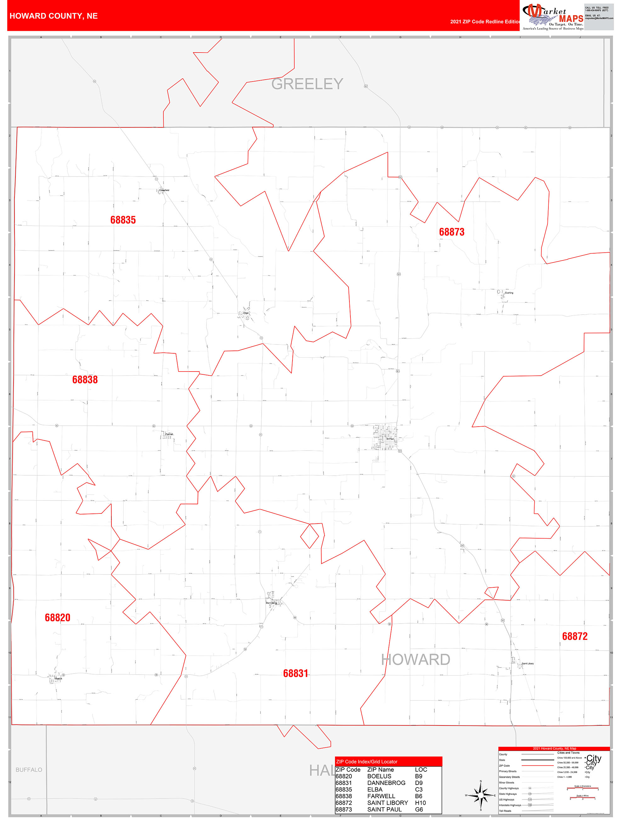 Howard County, NE Zip Code Wall Map Red Line Style by MarketMAPS