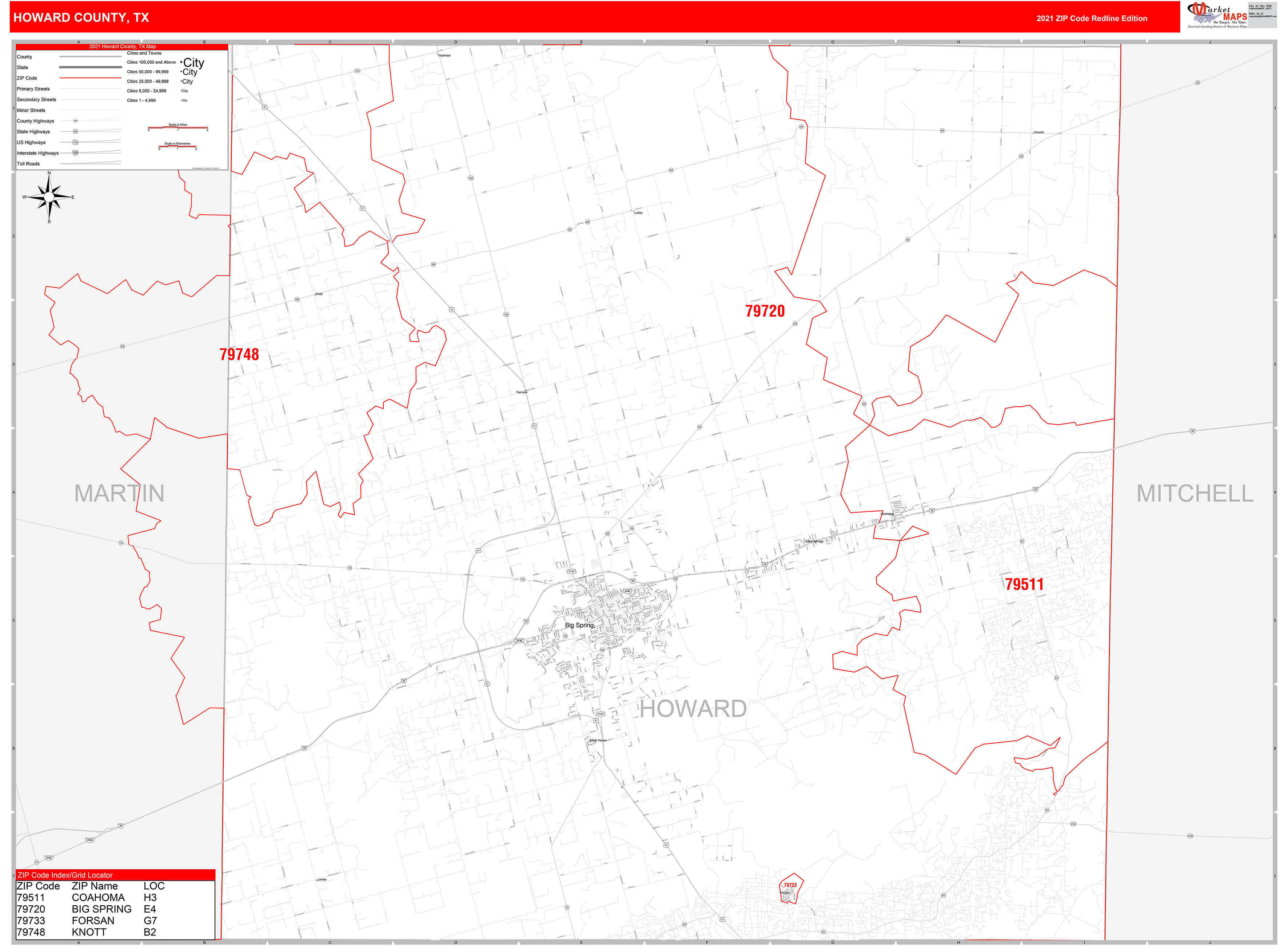 Howard County, TX Zip Code Wall Map Red Line Style by MarketMAPS