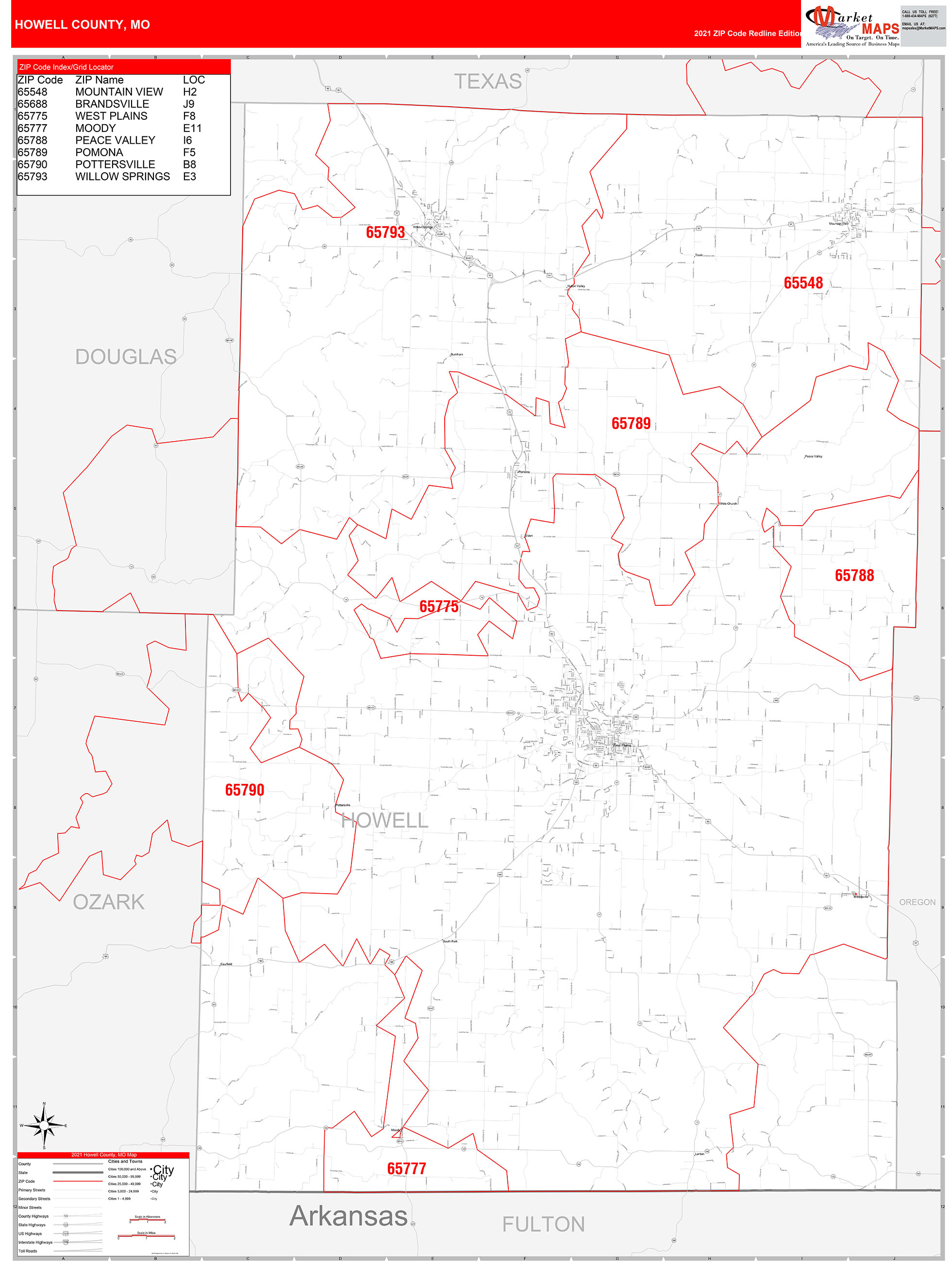 Howell County, MO Zip Code Wall Map Red Line Style by MarketMAPS