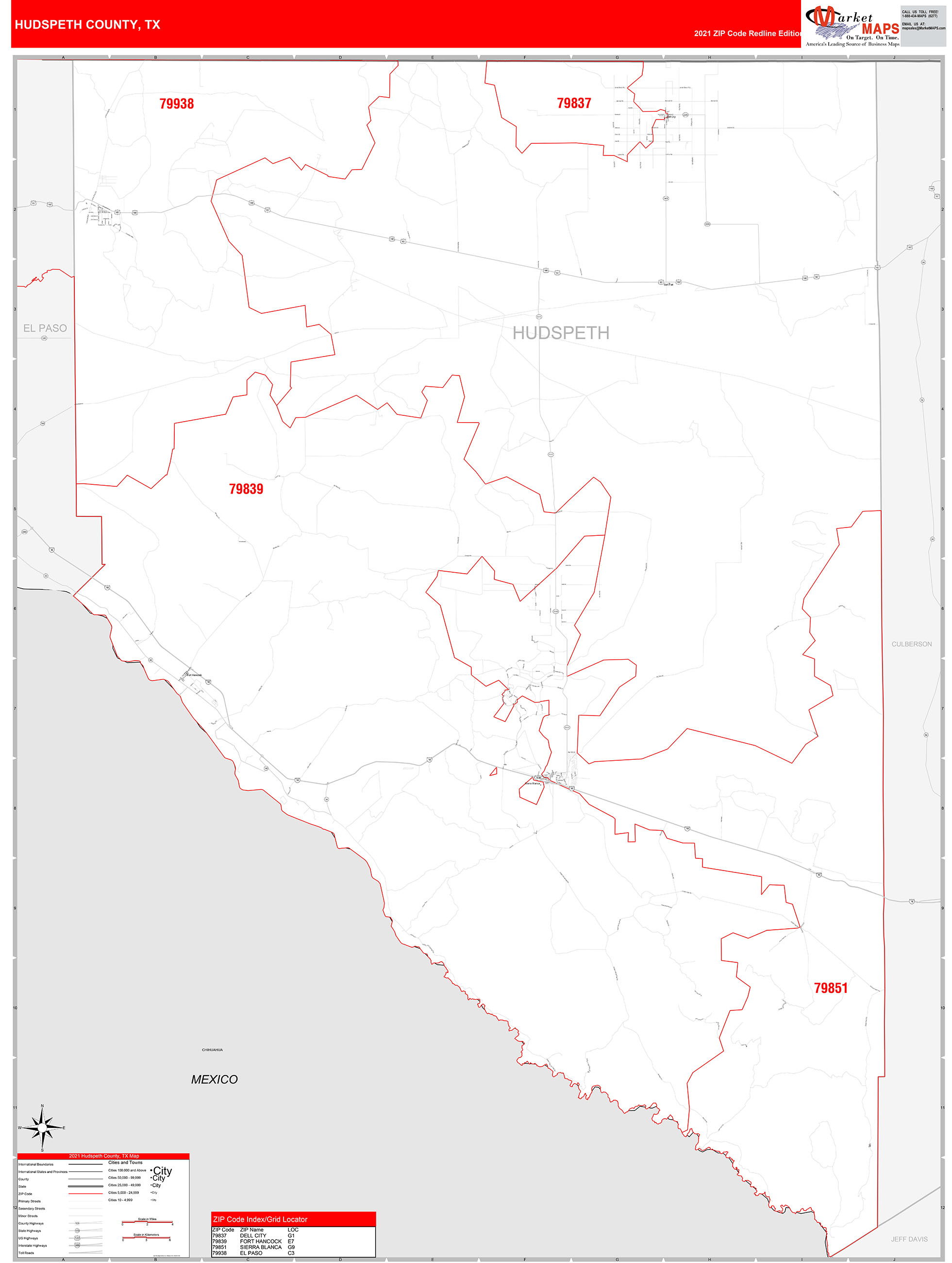 Hudspeth County, TX Zip Code Wall Map Red Line Style by MarketMAPS