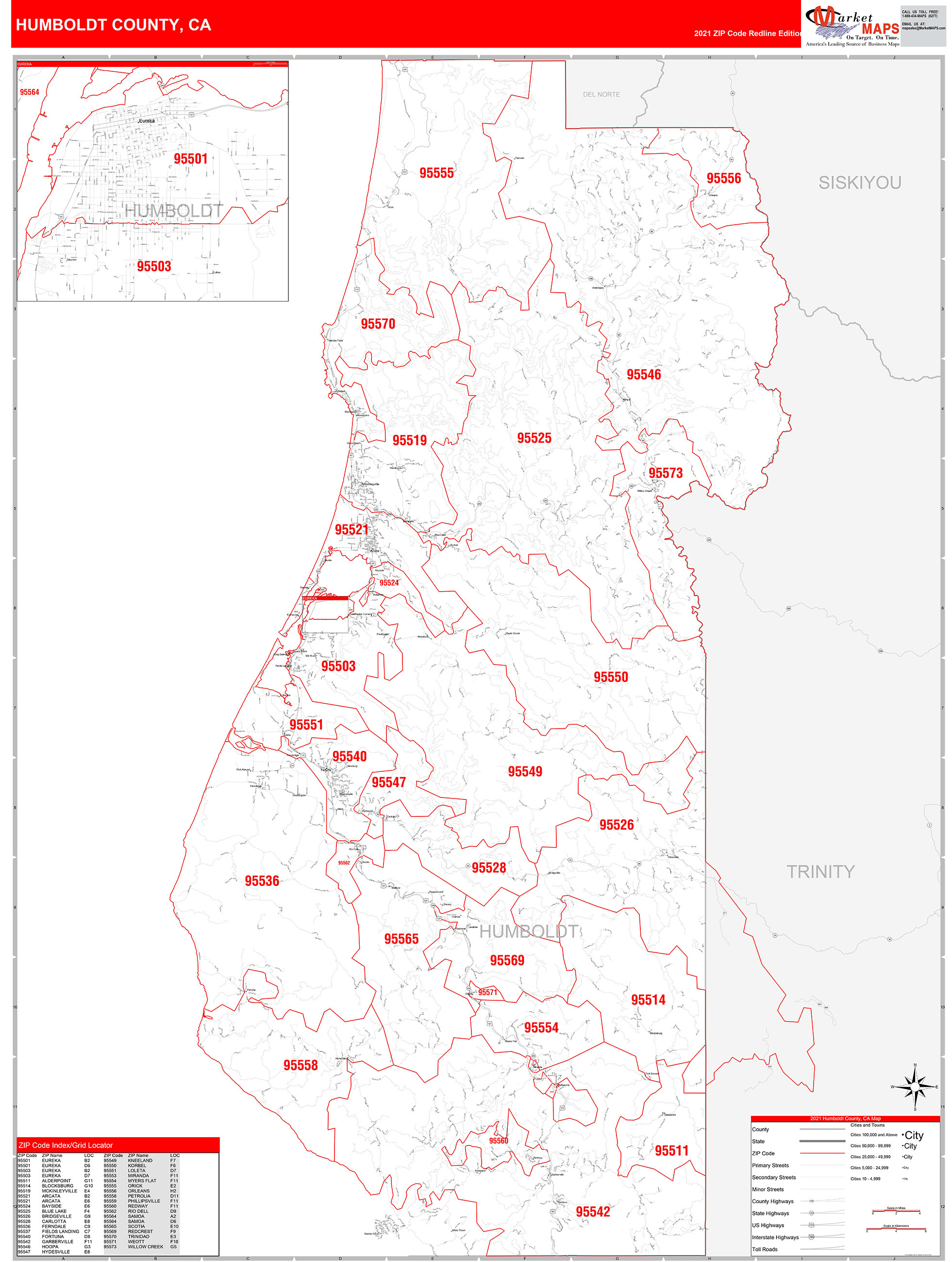 Humboldt County, CA Zip Code Wall Map Red Line Style by MarketMAPS