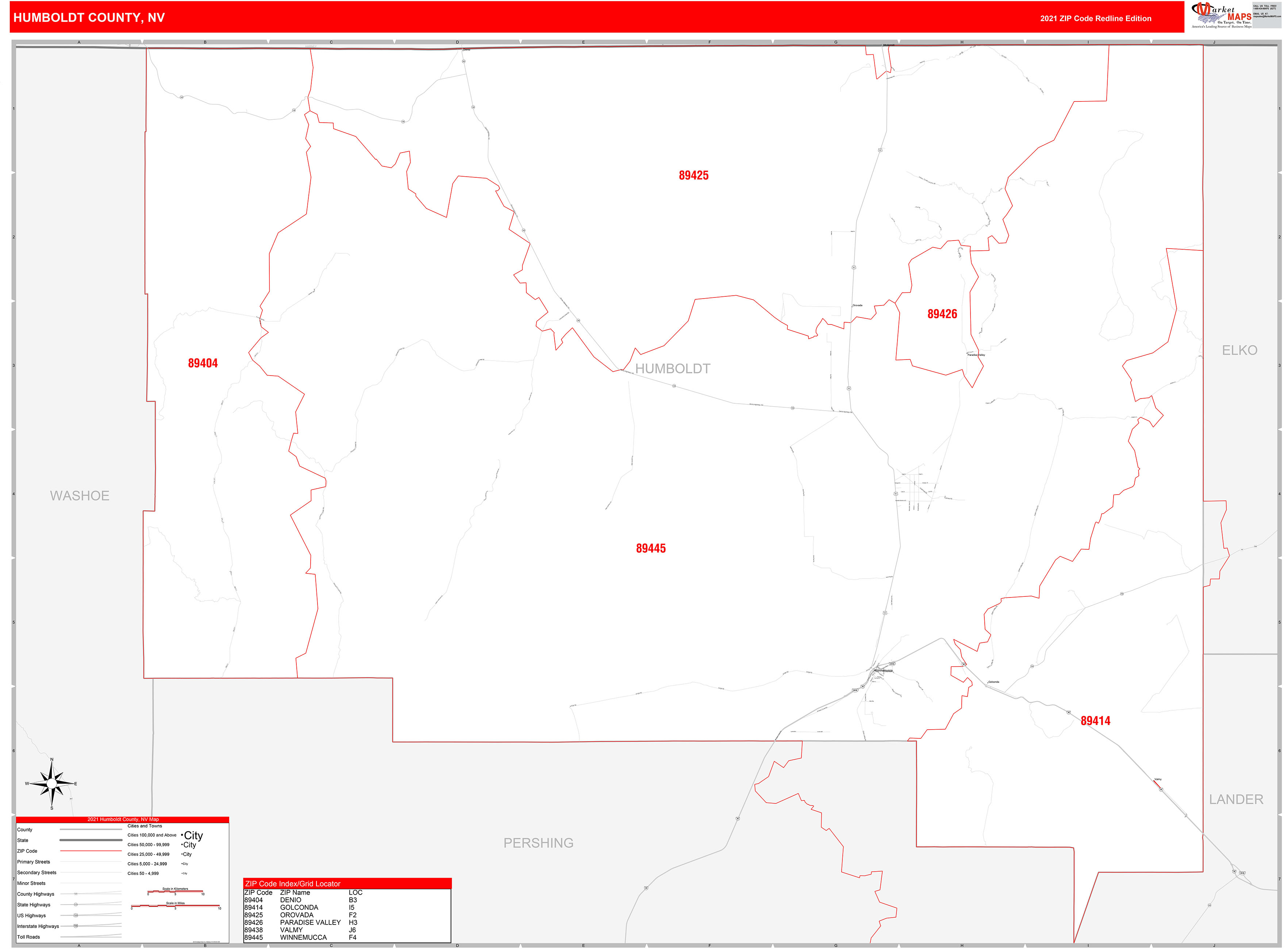 Humboldt County, NV Zip Code Wall Map Red Line Style by MarketMAPS