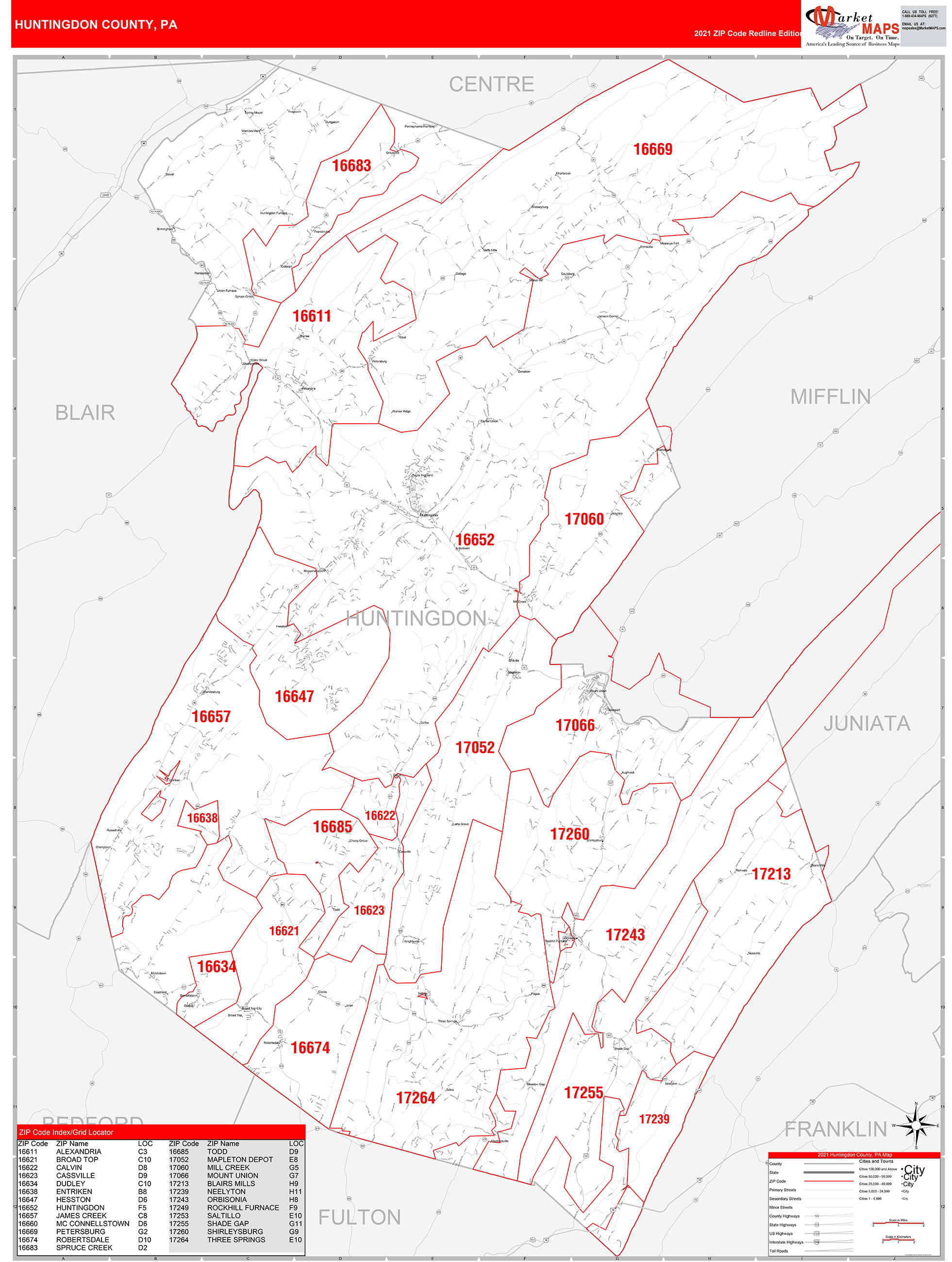 Huntingdon County, PA Zip Code Wall Map Red Line Style by MarketMAPS