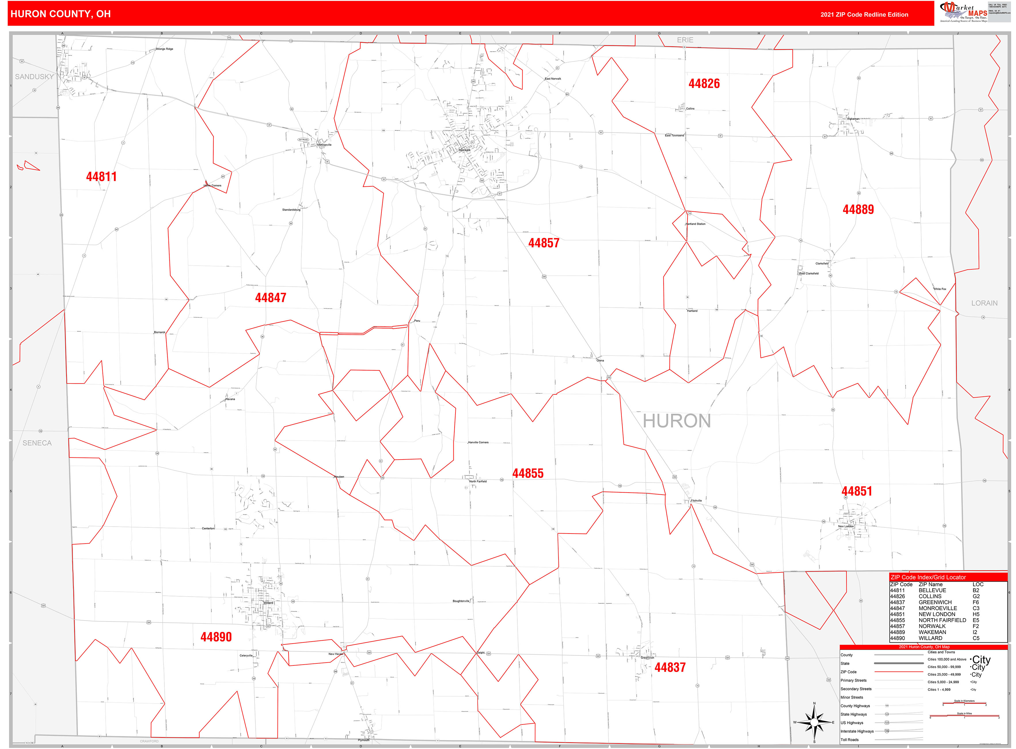 Huron County, OH Zip Code Wall Map Red Line Style by MarketMAPS