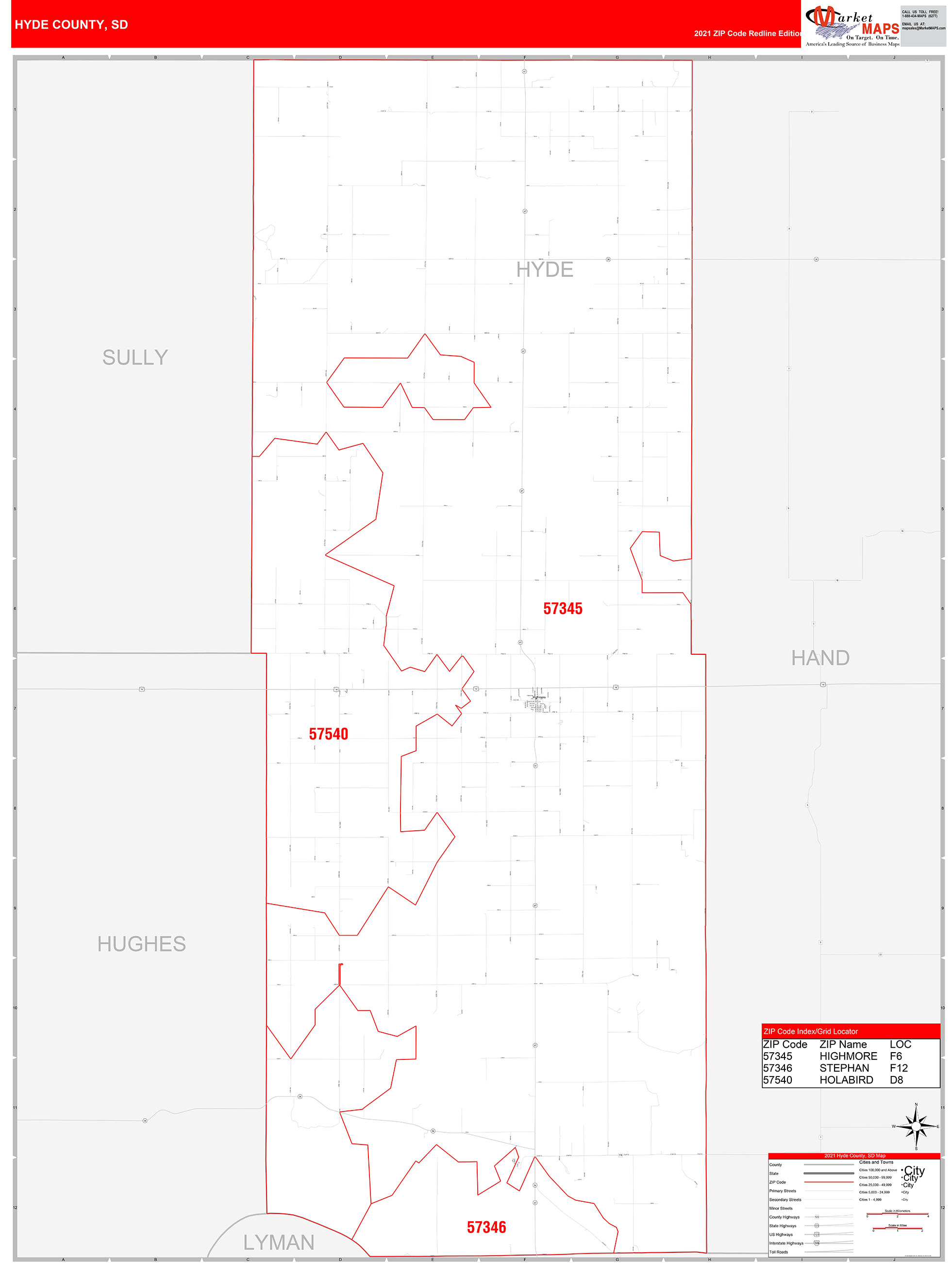 Hyde County, SD Zip Code Wall Map Red Line Style by MarketMAPS