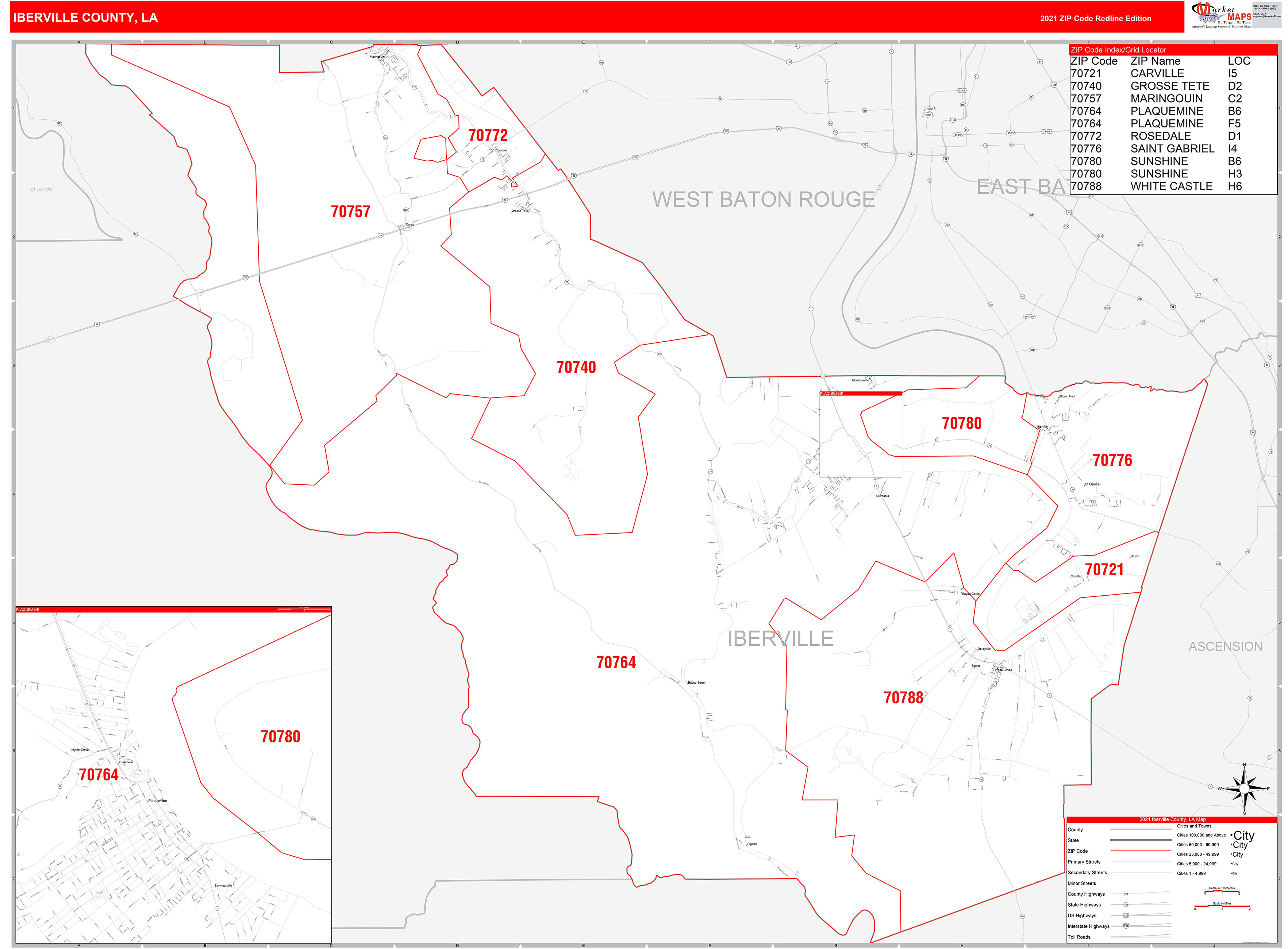 Iberville County, LA Zip Code Wall Map Red Line Style by MarketMAPS