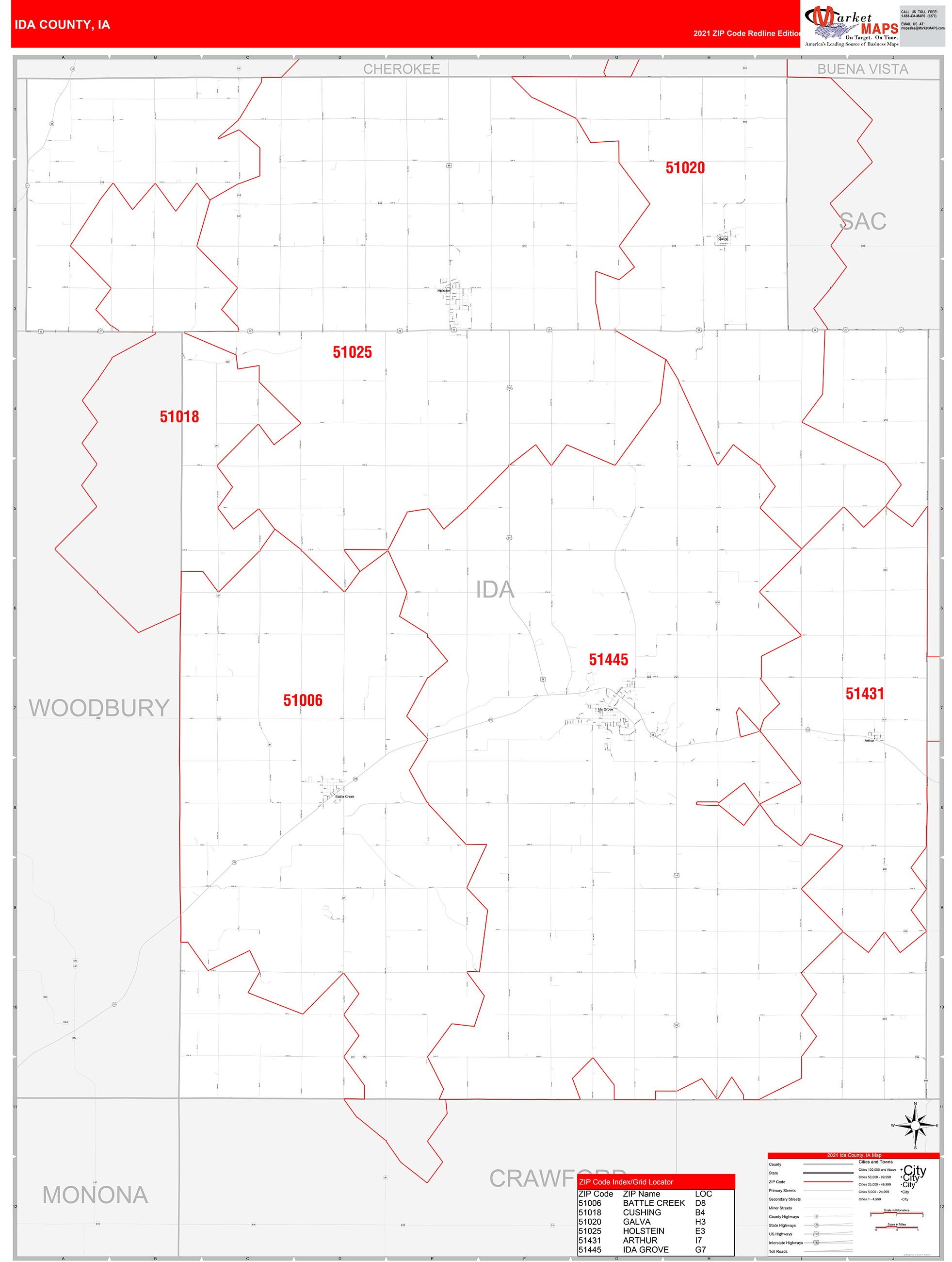 Ida County, IA Zip Code Wall Map Red Line Style by MarketMAPS MapSales
