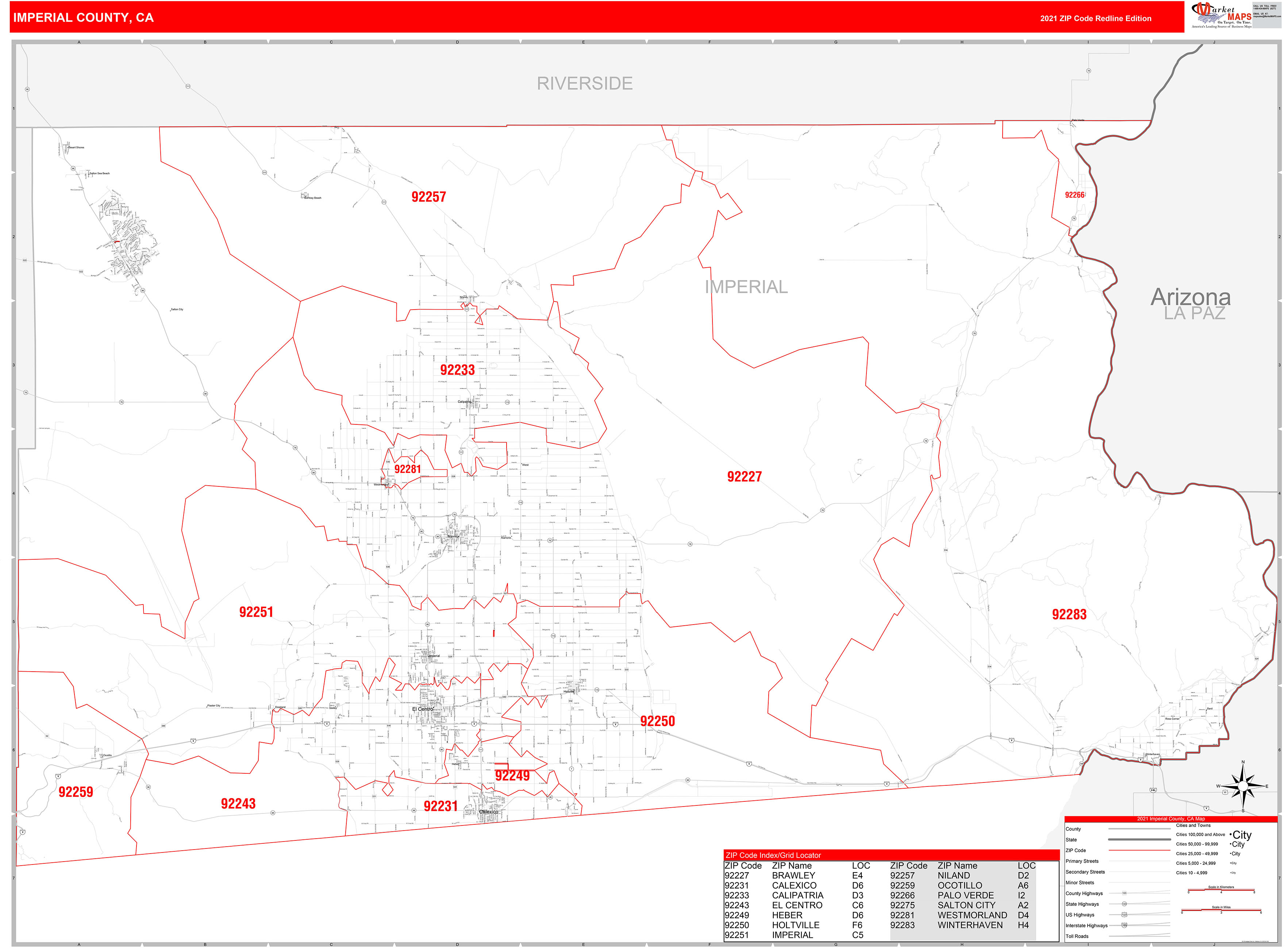 Imperial County, CA Zip Code Wall Map Red Line Style by MarketMAPS