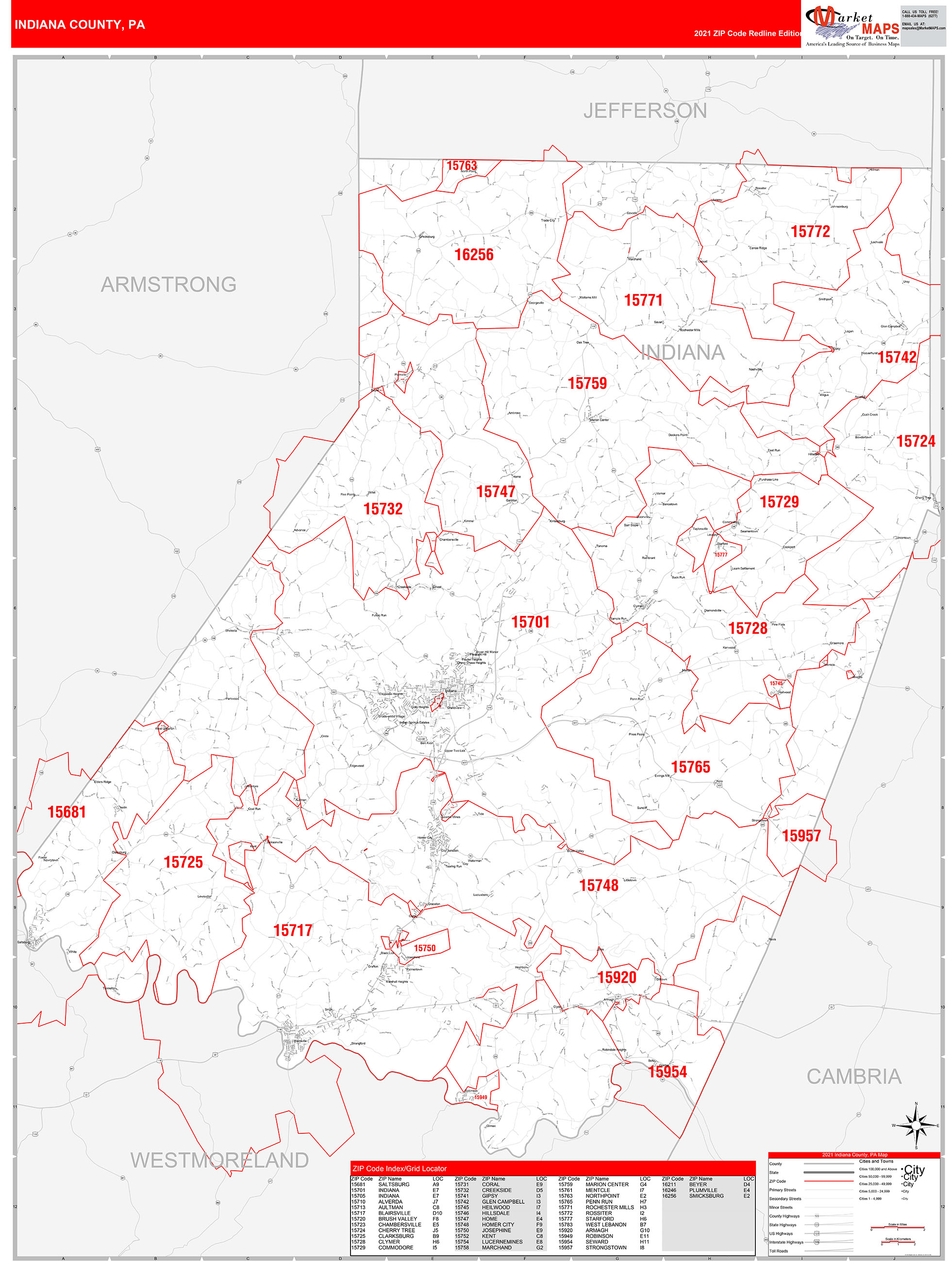 Indiana County, PA Zip Code Wall Map Red Line Style by MarketMAPS