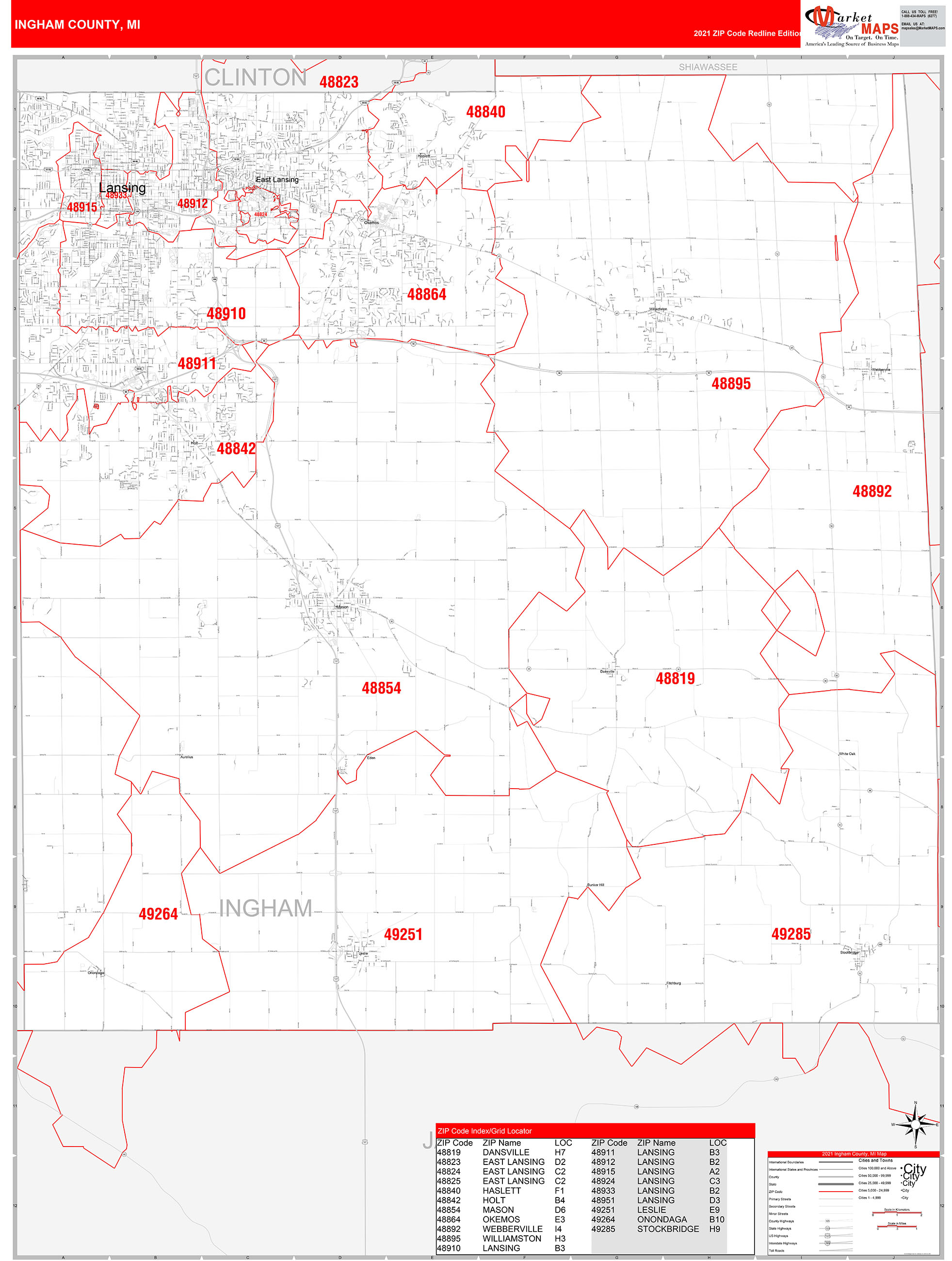 Ingham County, MI Zip Code Wall Map Red Line Style by MarketMAPS
