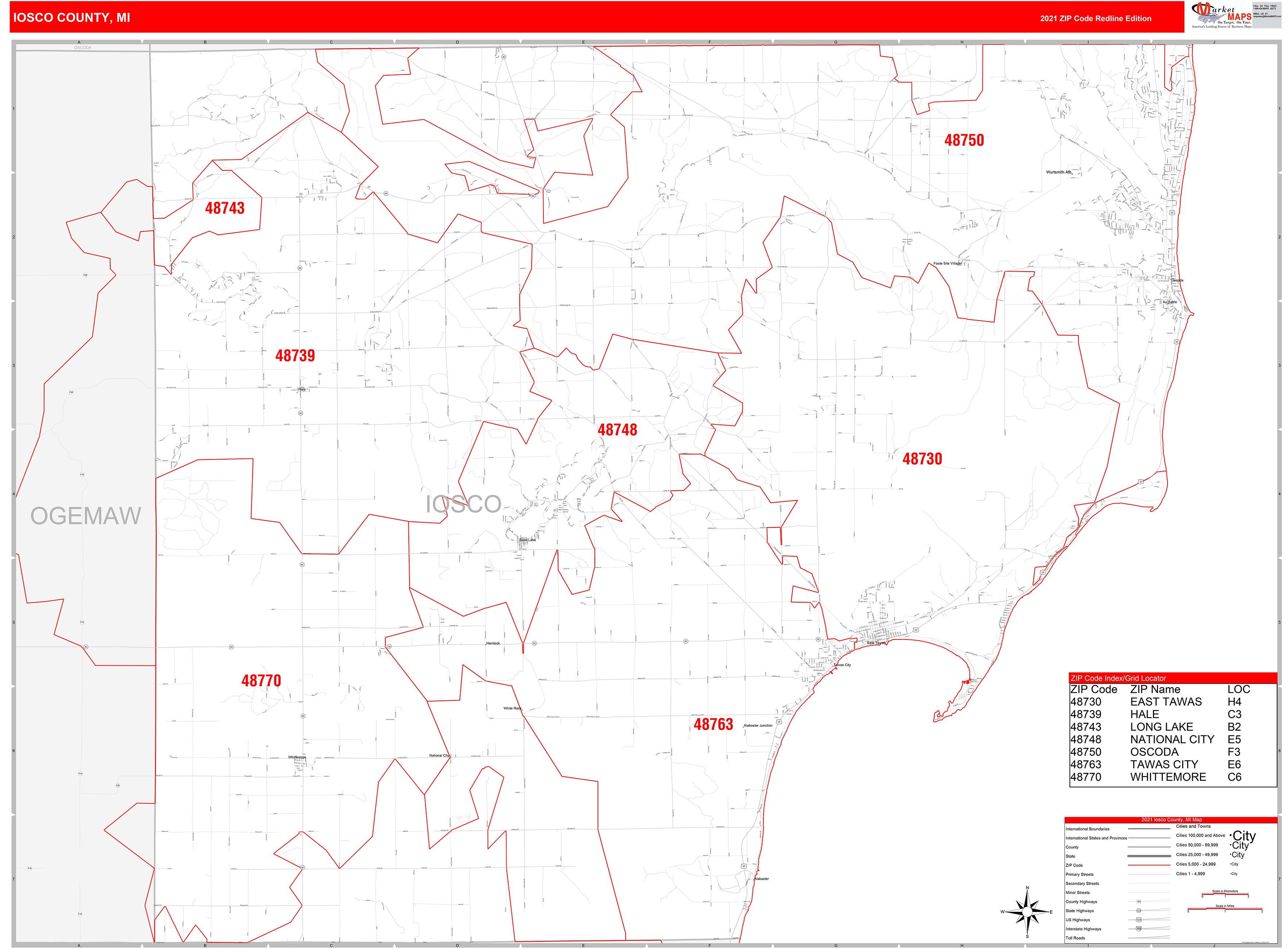 Iosco County, MI Zip Code Wall Map Red Line Style by MarketMAPS MapSales