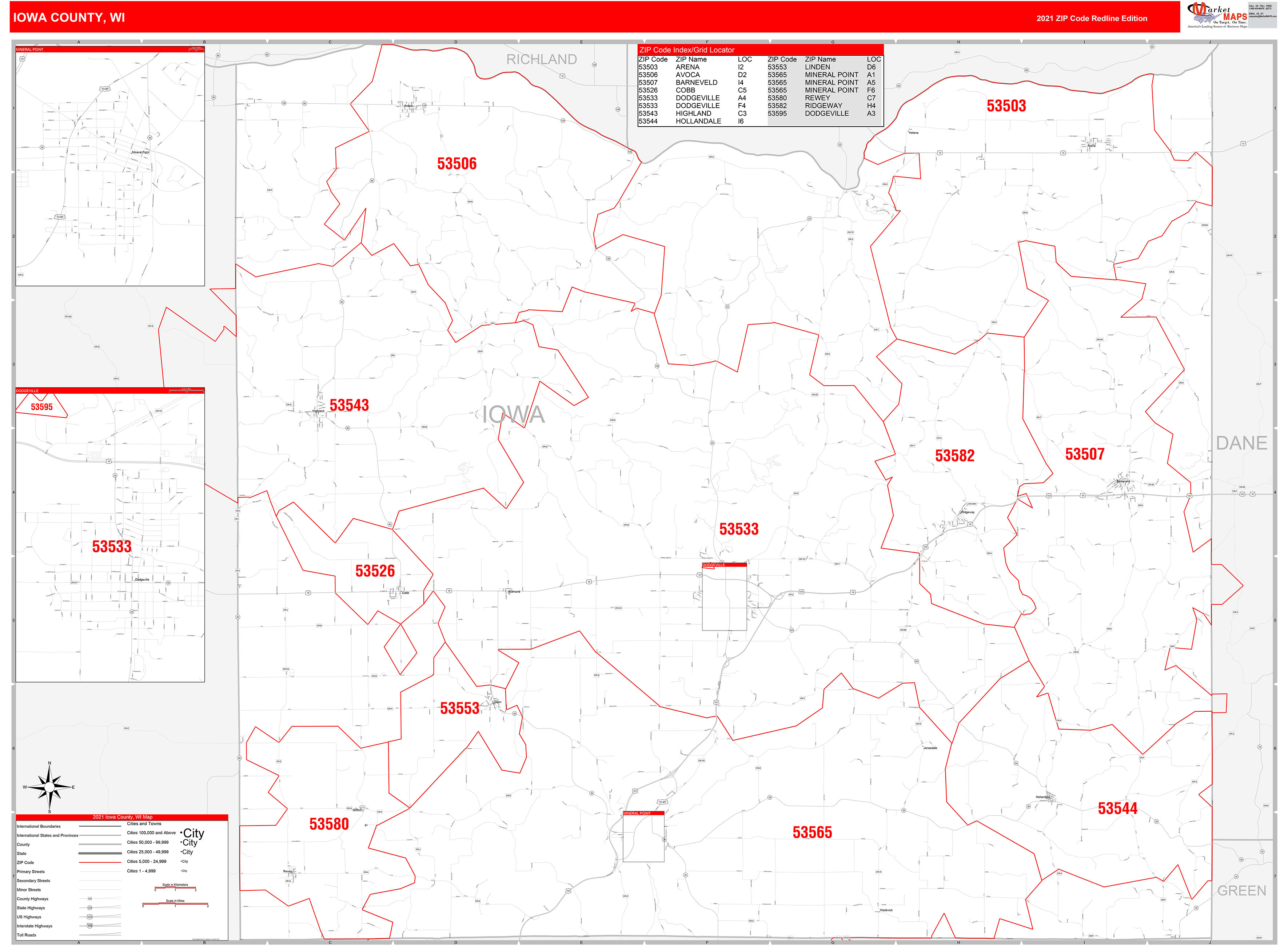 Iowa County, WI Zip Code Wall Map Red Line Style by MarketMAPS MapSales