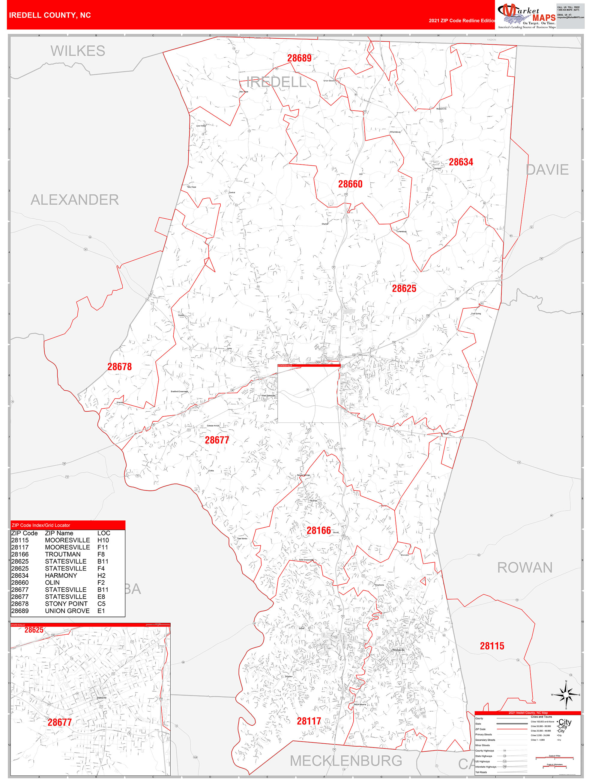 Iredell County, NC Zip Code Wall Map Red Line Style by MarketMAPS