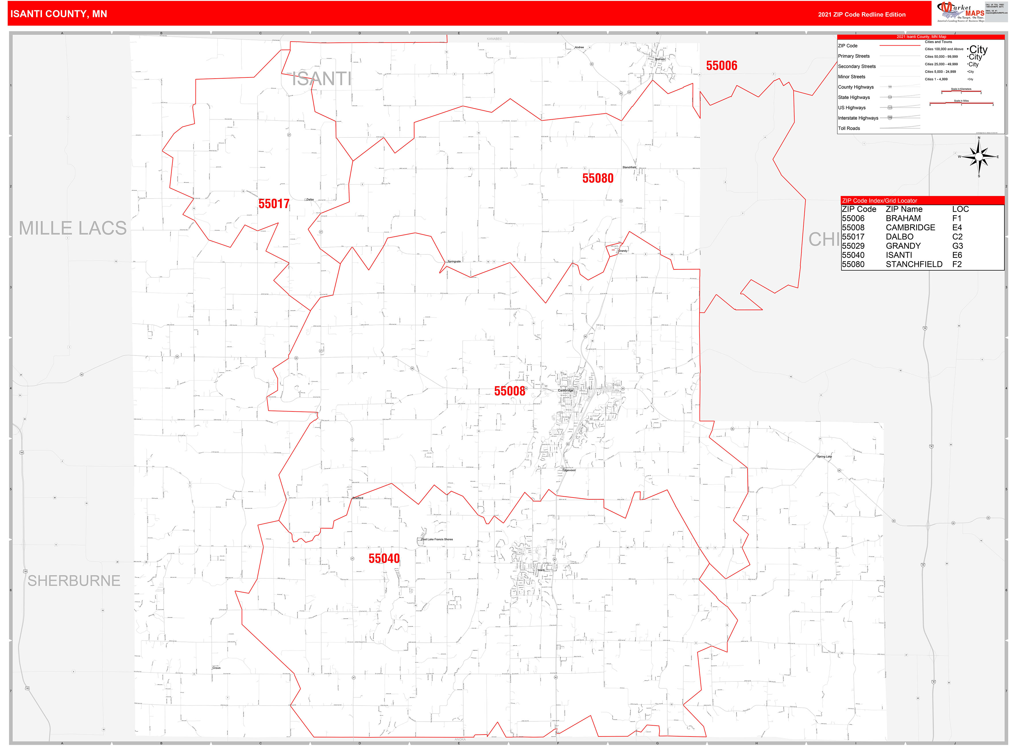 Isanti County, MN Zip Code Wall Map Red Line Style by MarketMAPS MapSales