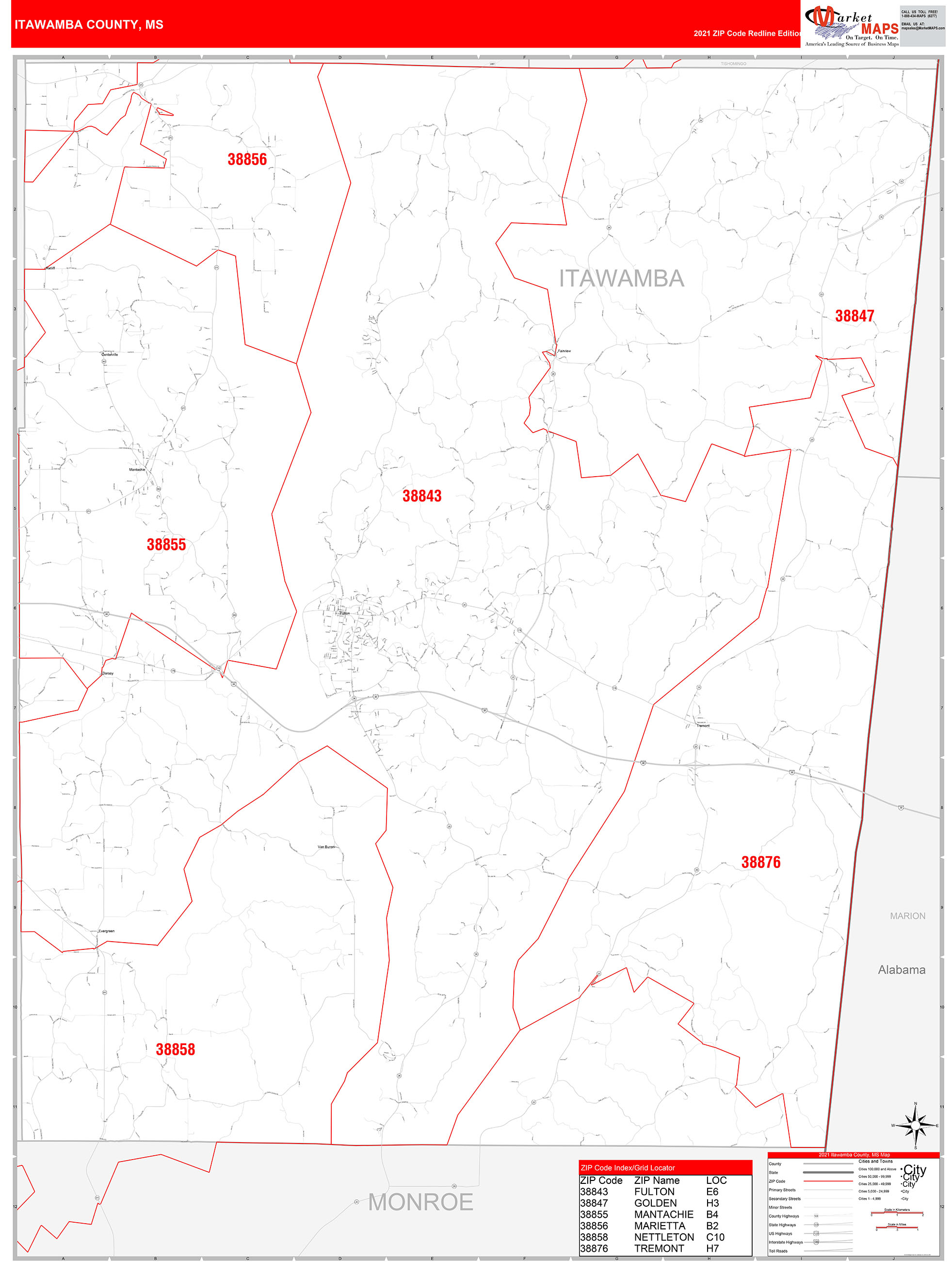 Itawamba County, MS Zip Code Wall Map Red Line Style by MarketMAPS
