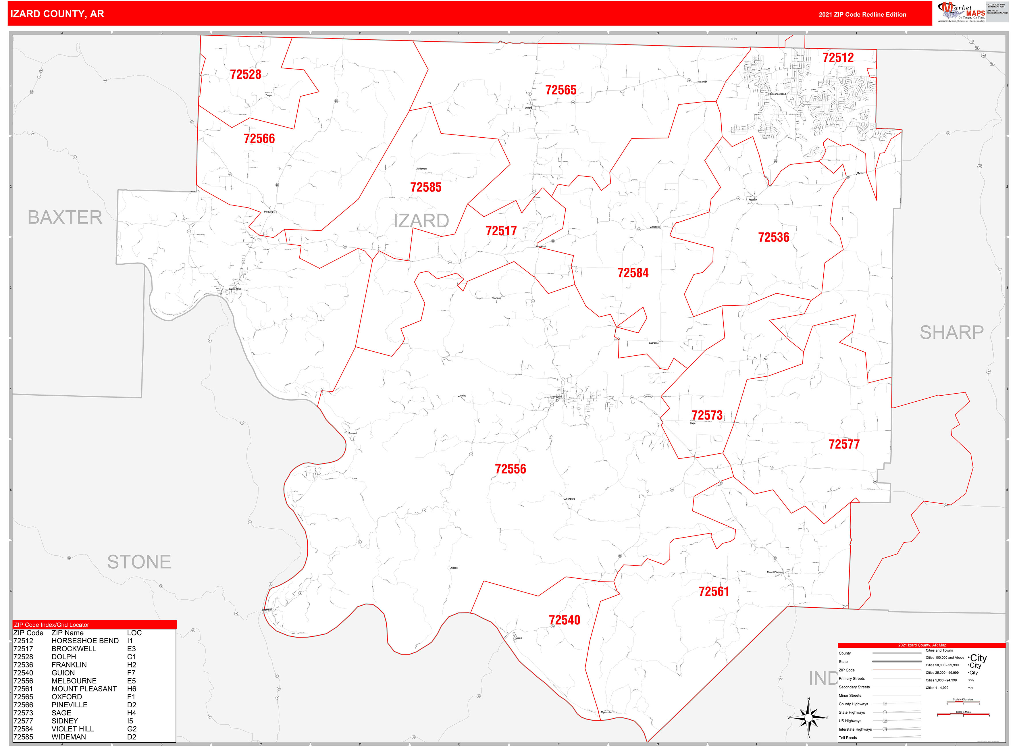 Izard County, AR Zip Code Wall Map Red Line Style by MarketMAPS - MapSales
