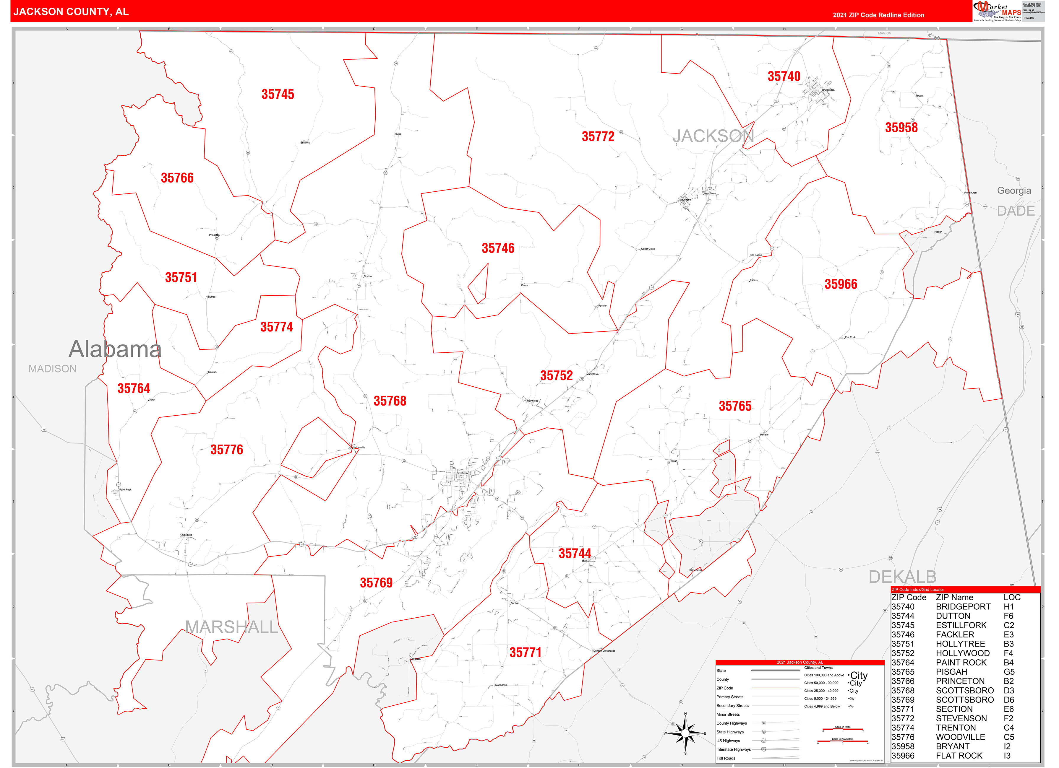 Jackson County, AL Zip Code Wall Map Red Line Style by MarketMAPS MapSales