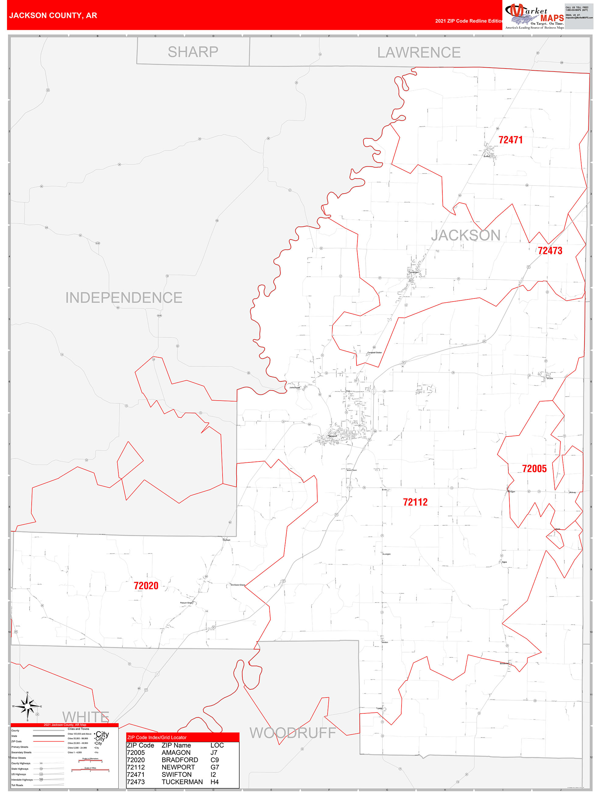 Jackson County, AR Zip Code Wall Map Red Line Style by MarketMAPS