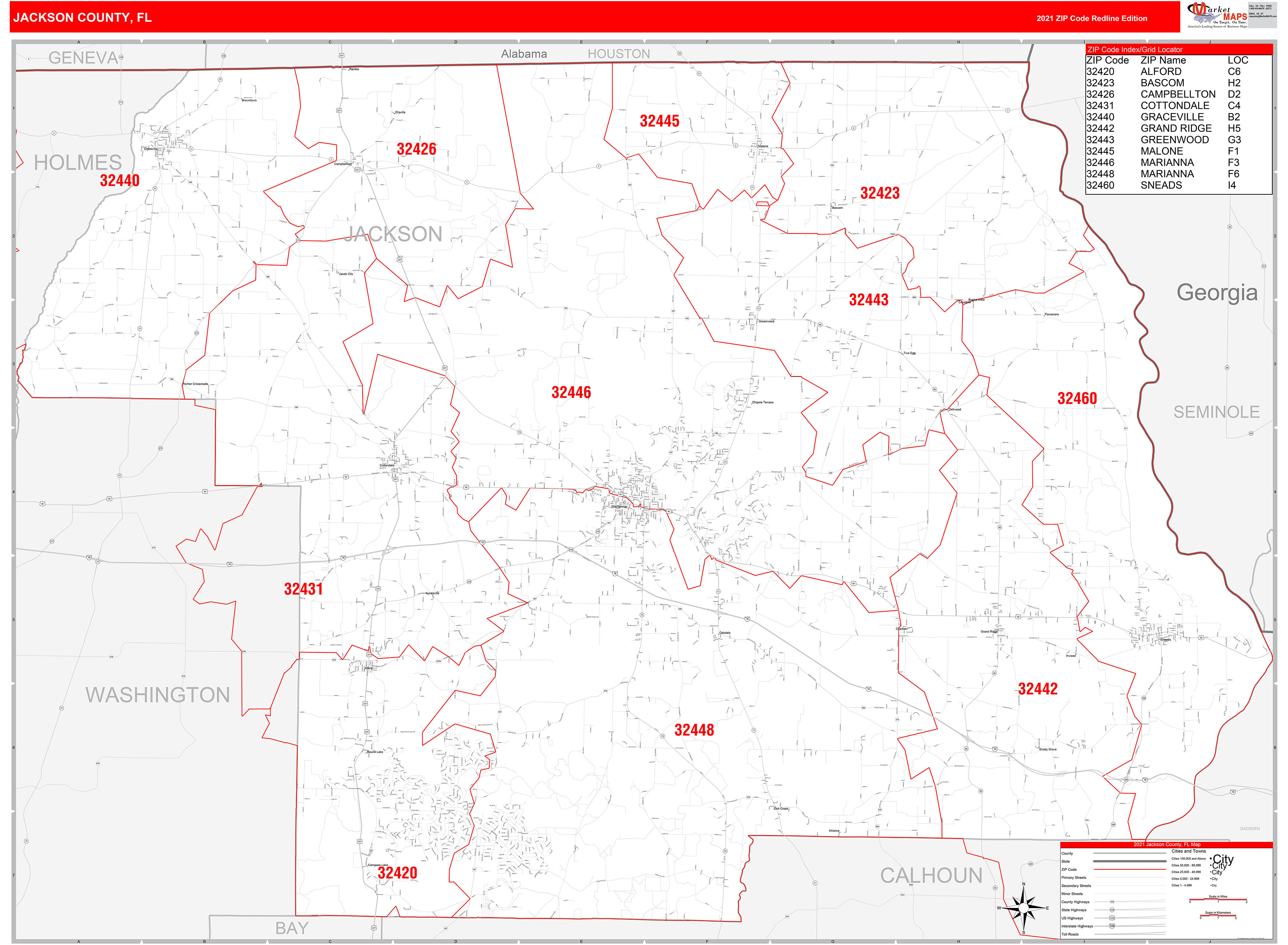 Jackson County, FL Zip Code Wall Map Red Line Style by MarketMAPS
