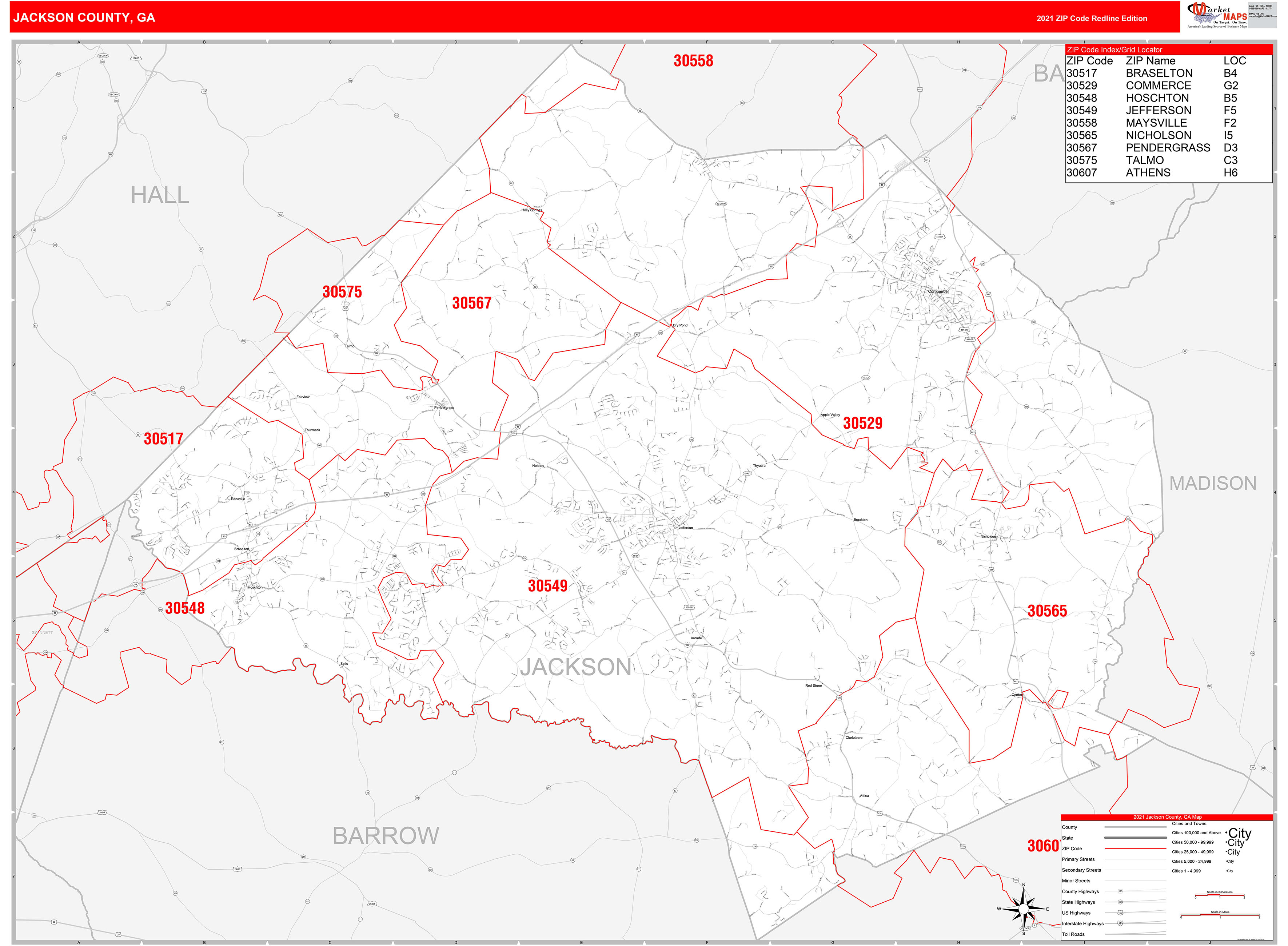 Jackson County, GA Zip Code Wall Map Red Line Style by MarketMAPS