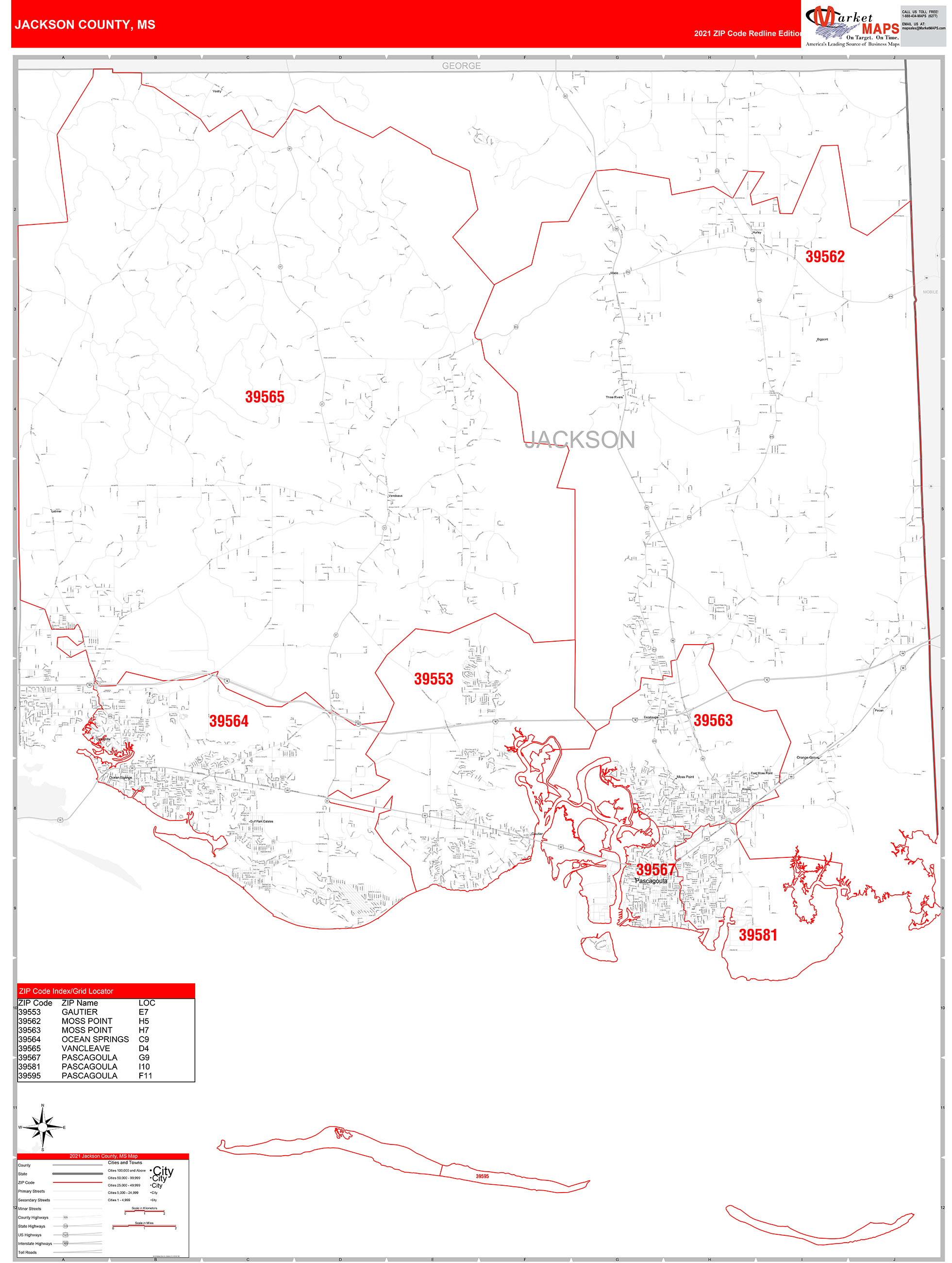 Jackson County, MS Zip Code Wall Map Red Line Style by MarketMAPS