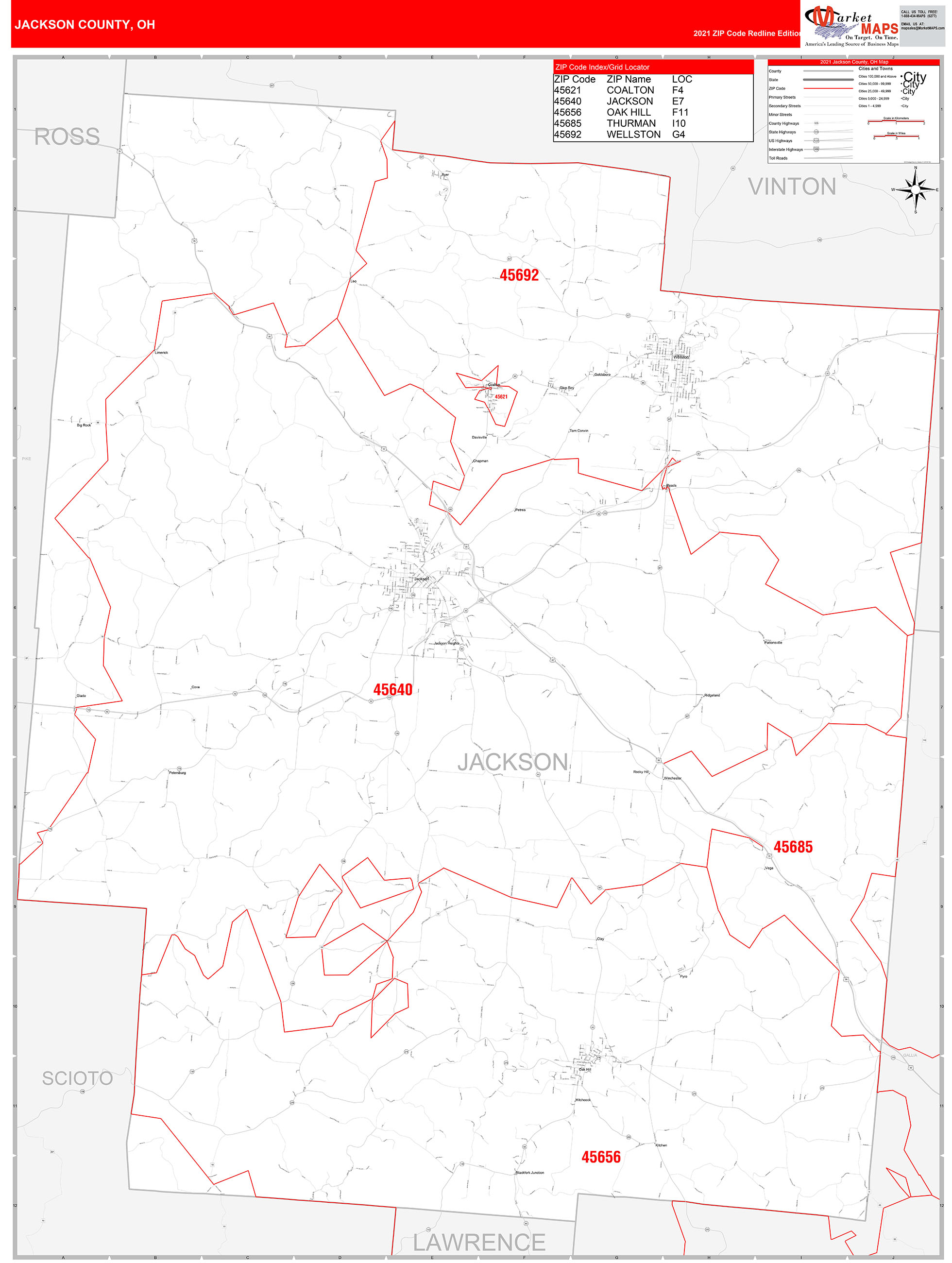 Jackson County, OH Zip Code Wall Map Red Line Style by MarketMAPS