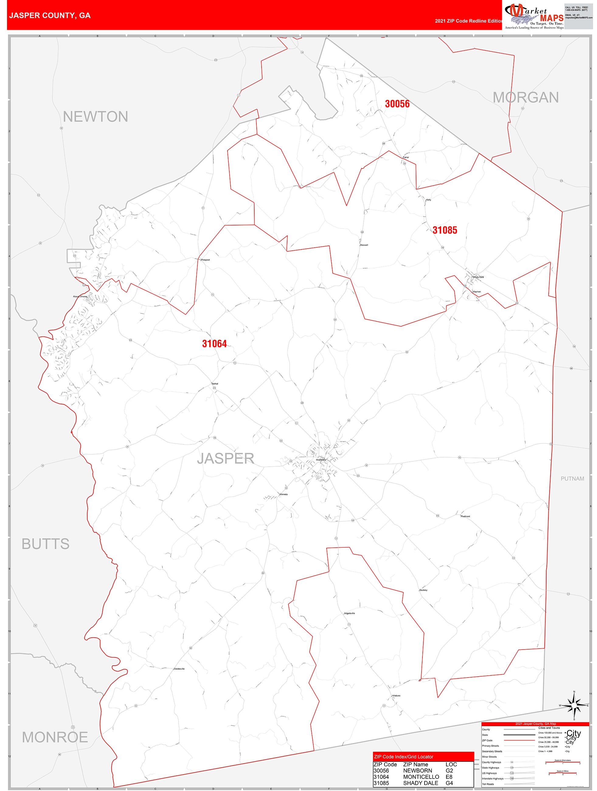 Jasper County, GA Zip Code Wall Map Red Line Style by MarketMAPS