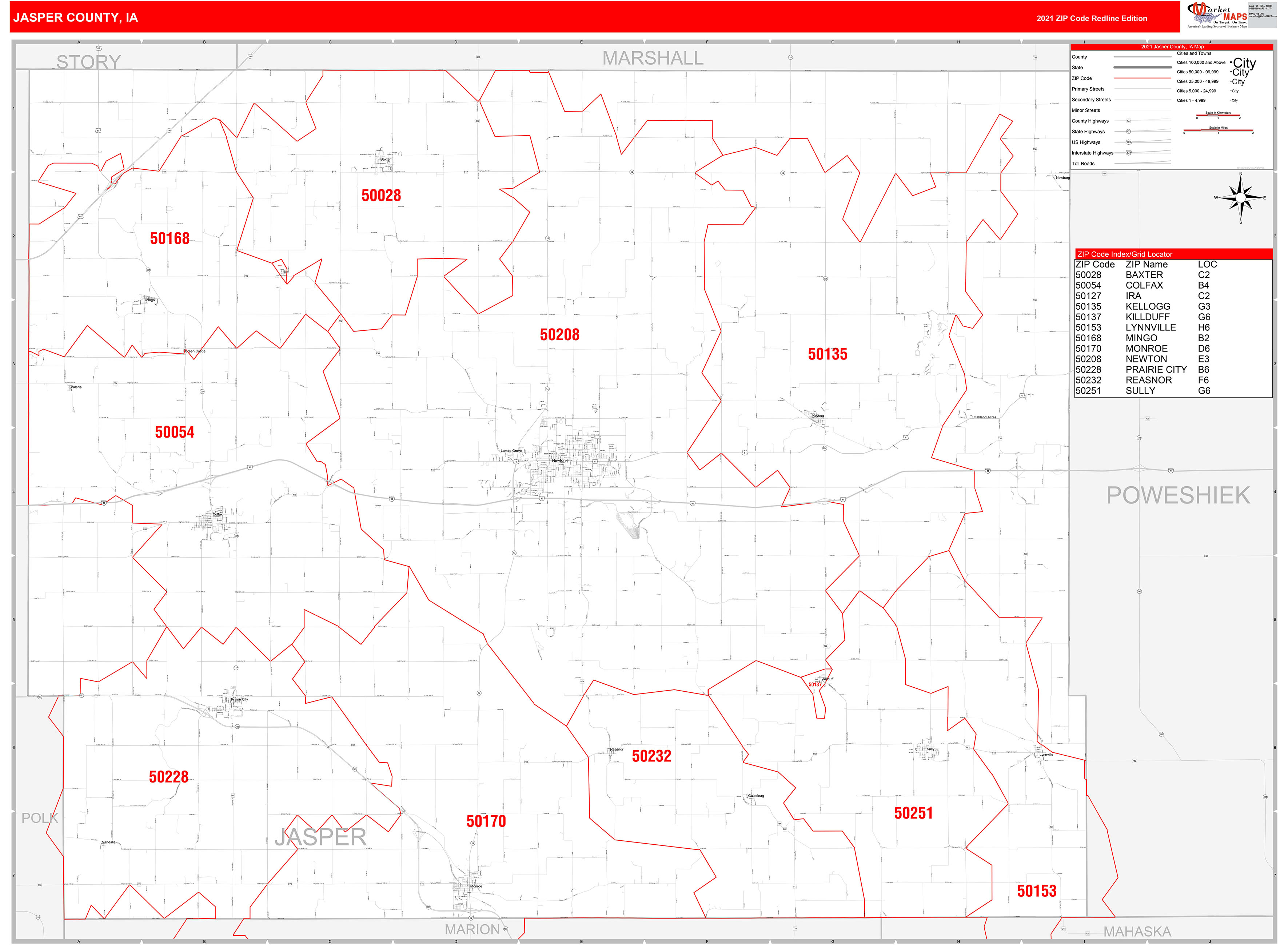 Jasper County, IA Zip Code Wall Map Red Line Style by MarketMAPS
