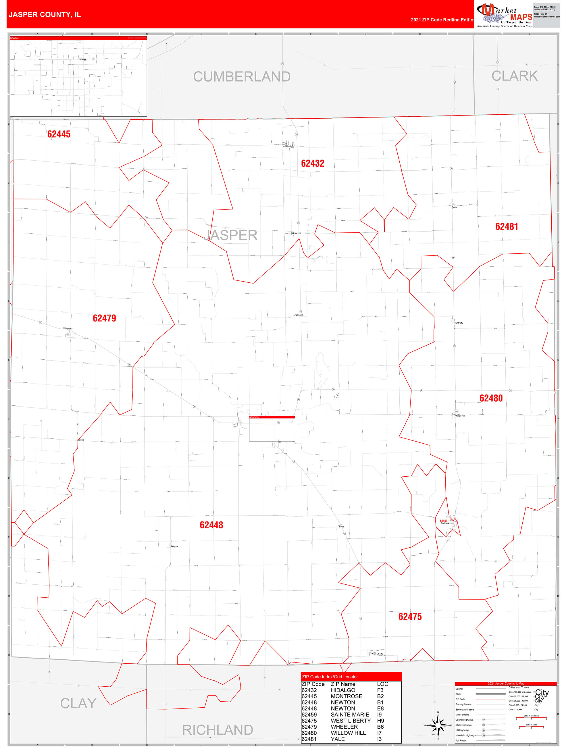 Jasper County, IL Zip Code Wall Map Red Line Style by MarketMAPS