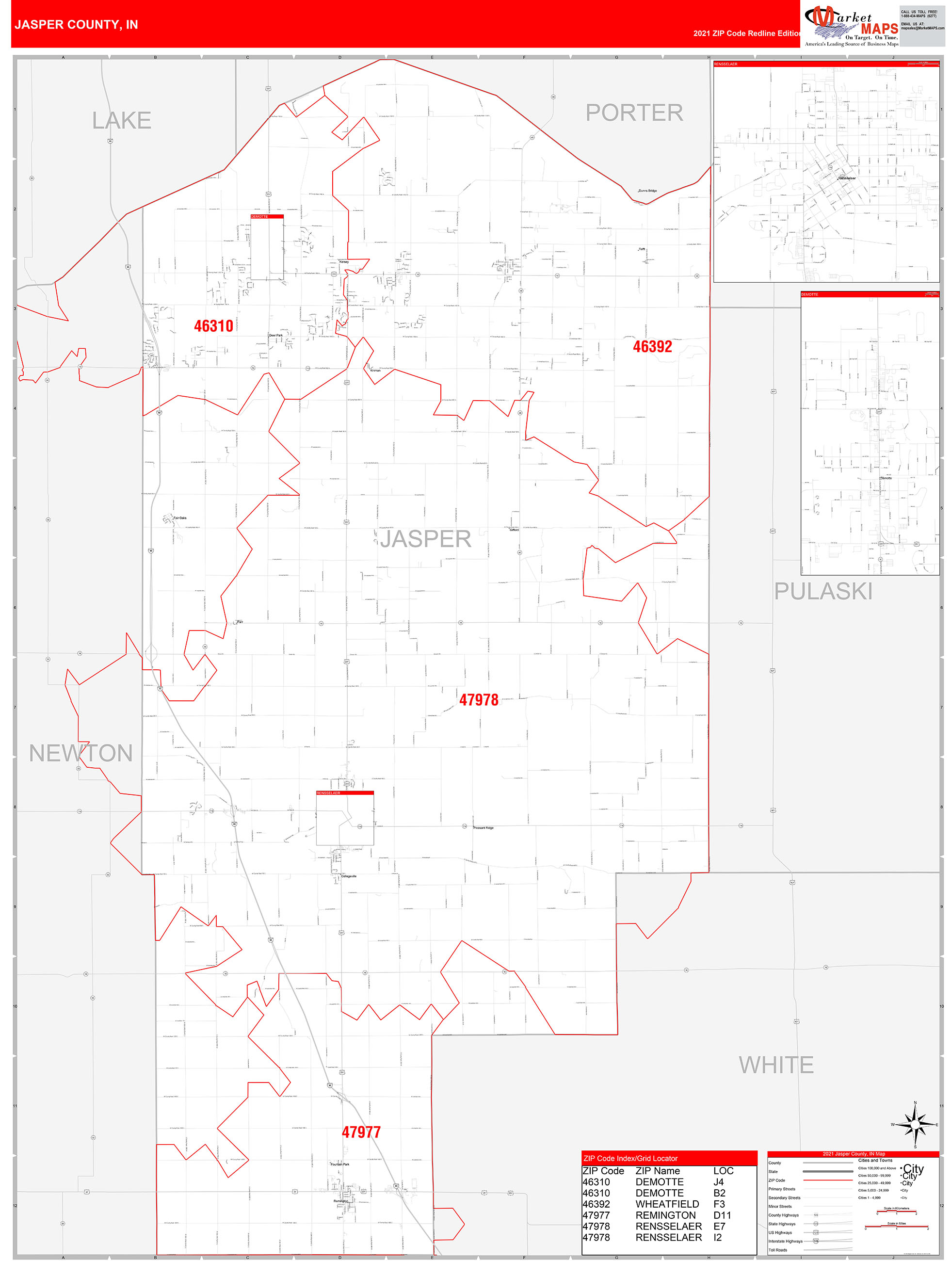 Jasper County, IN Zip Code Wall Map Red Line Style by MarketMAPS MapSales