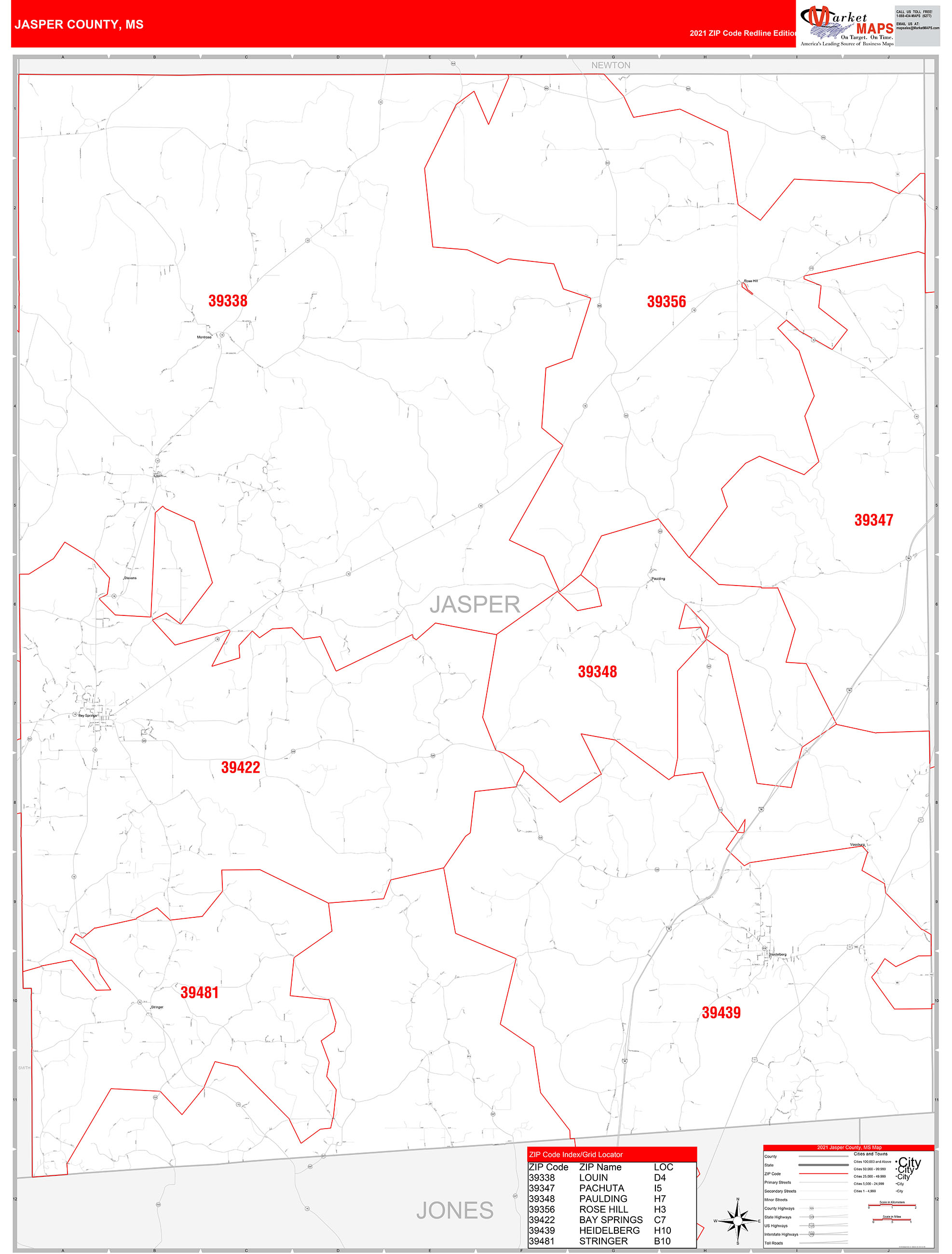Jasper County, MS Zip Code Wall Map Red Line Style by MarketMAPS