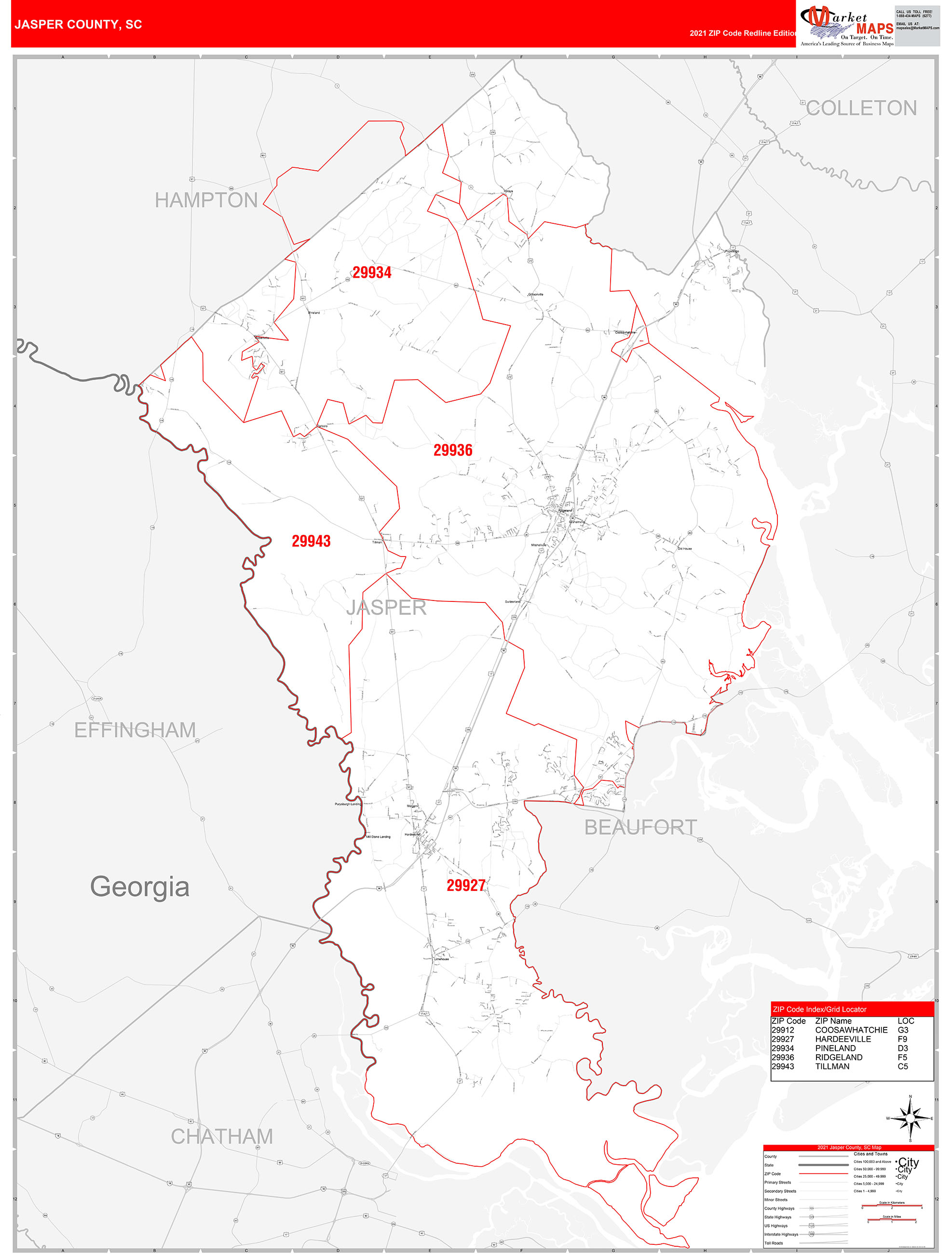 Jasper County, SC Zip Code Wall Map Red Line Style by MarketMAPS MapSales