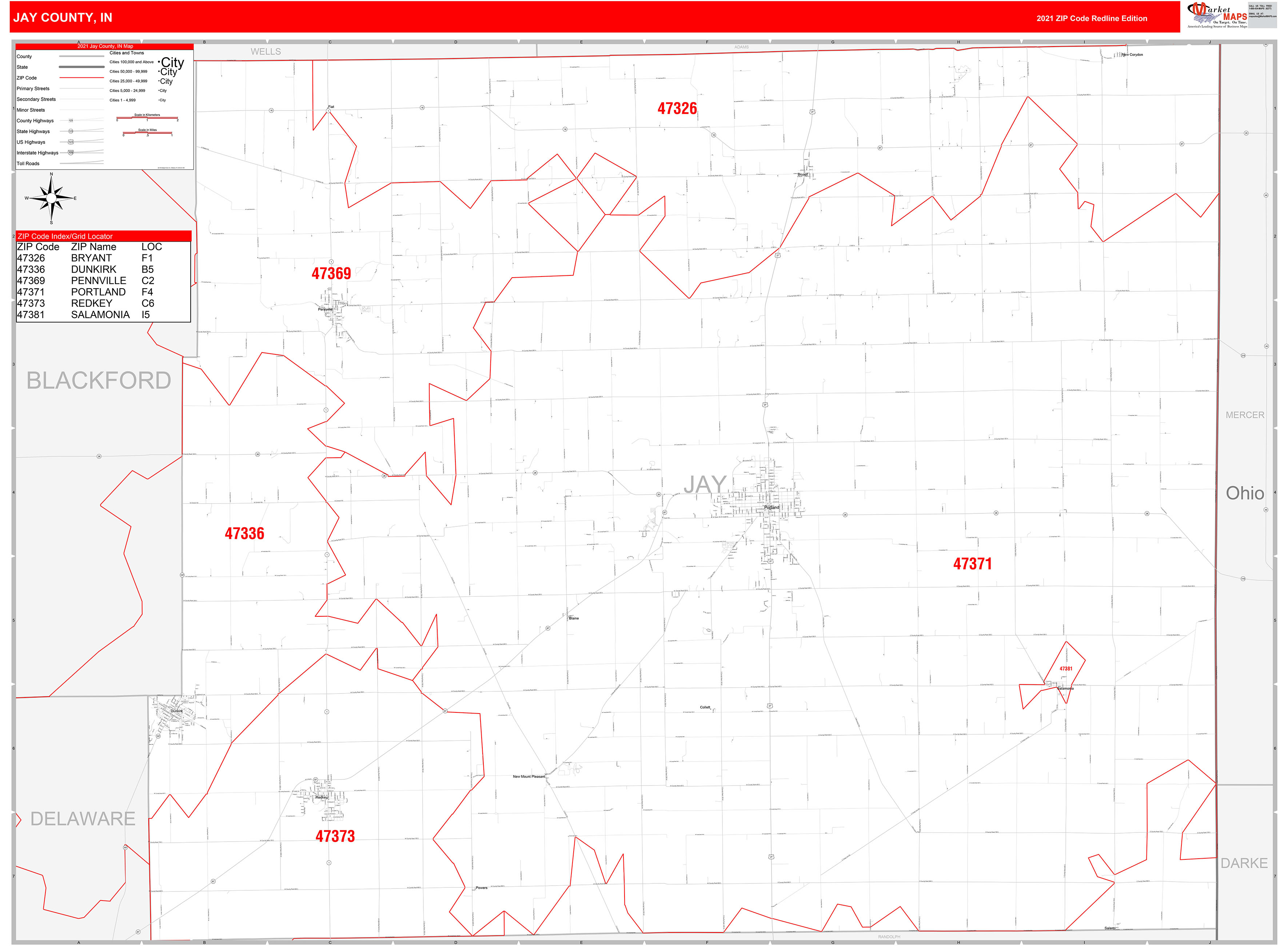 Jay County, IN Zip Code Wall Map Red Line Style by MarketMAPS
