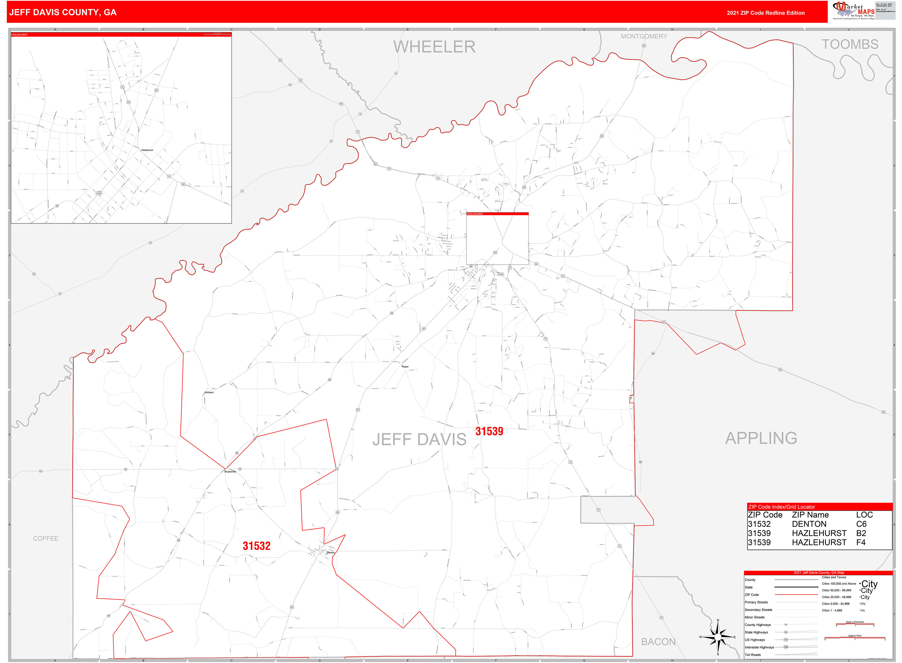 Jeff Davis County, GA Zip Code Wall Map Red Line Style by MarketMAPS