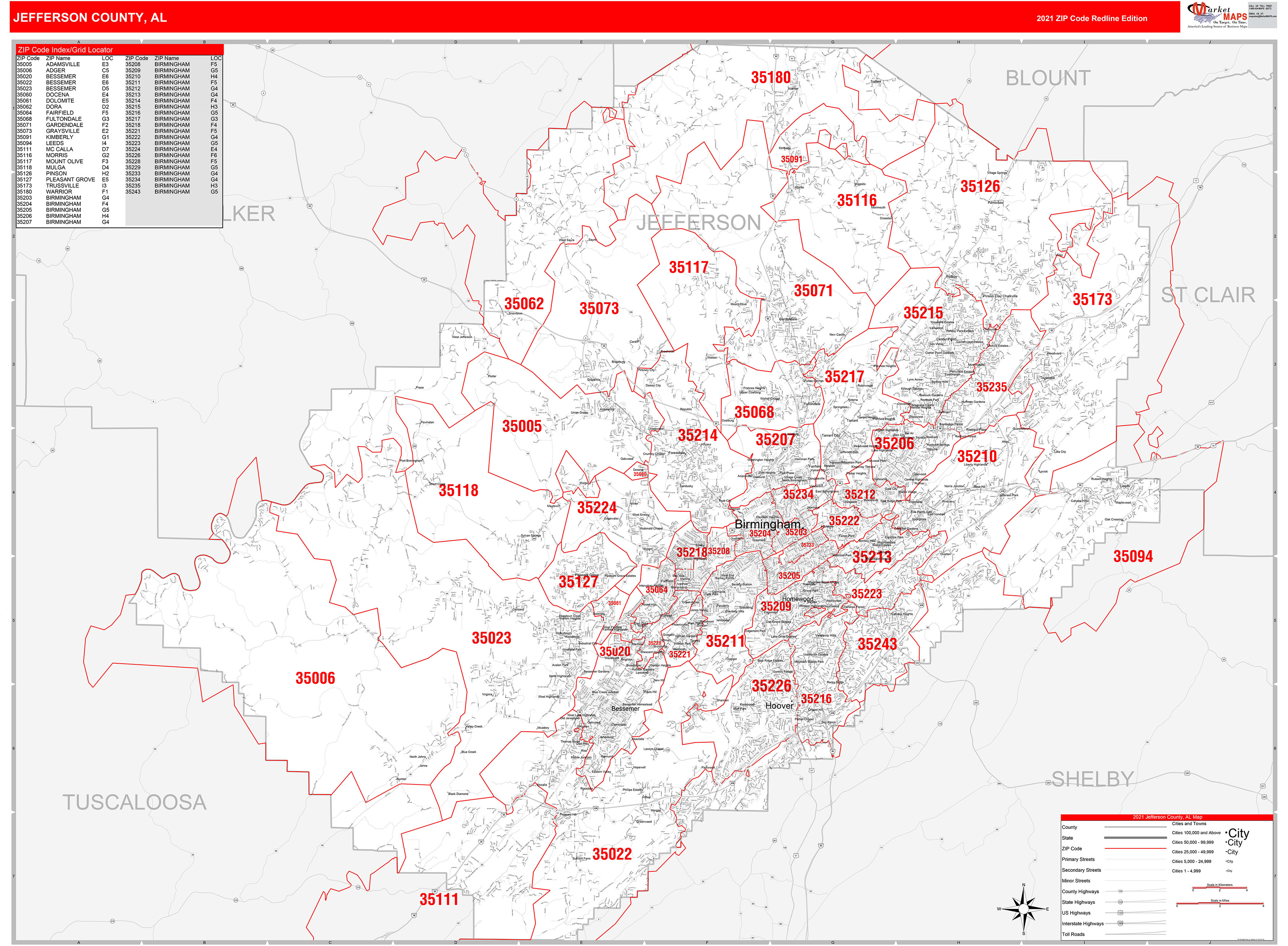 Jefferson County Al Zip Code Wall Map Red Line Style By Marketmaps