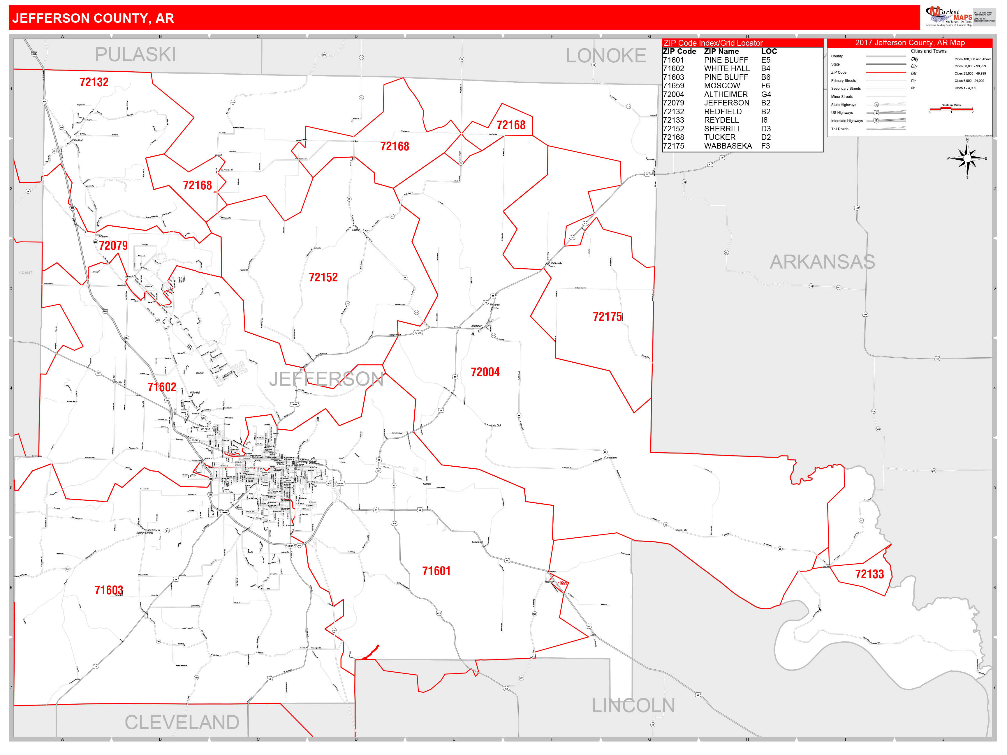 Jefferson County, AR Zip Code Wall Map Red Line Style by MarketMAPS