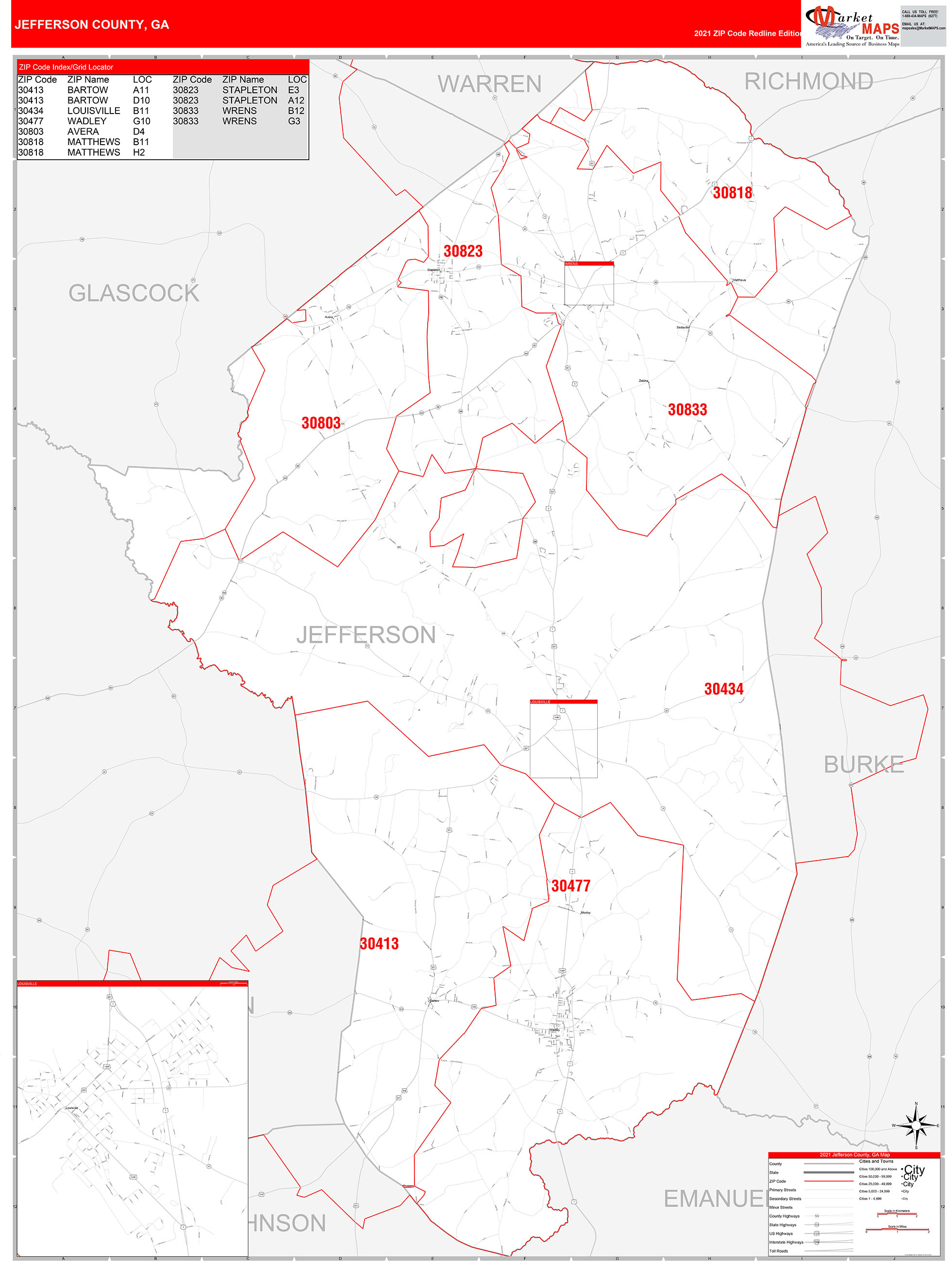 Jefferson County, GA Zip Code Wall Map Red Line Style by MarketMAPS