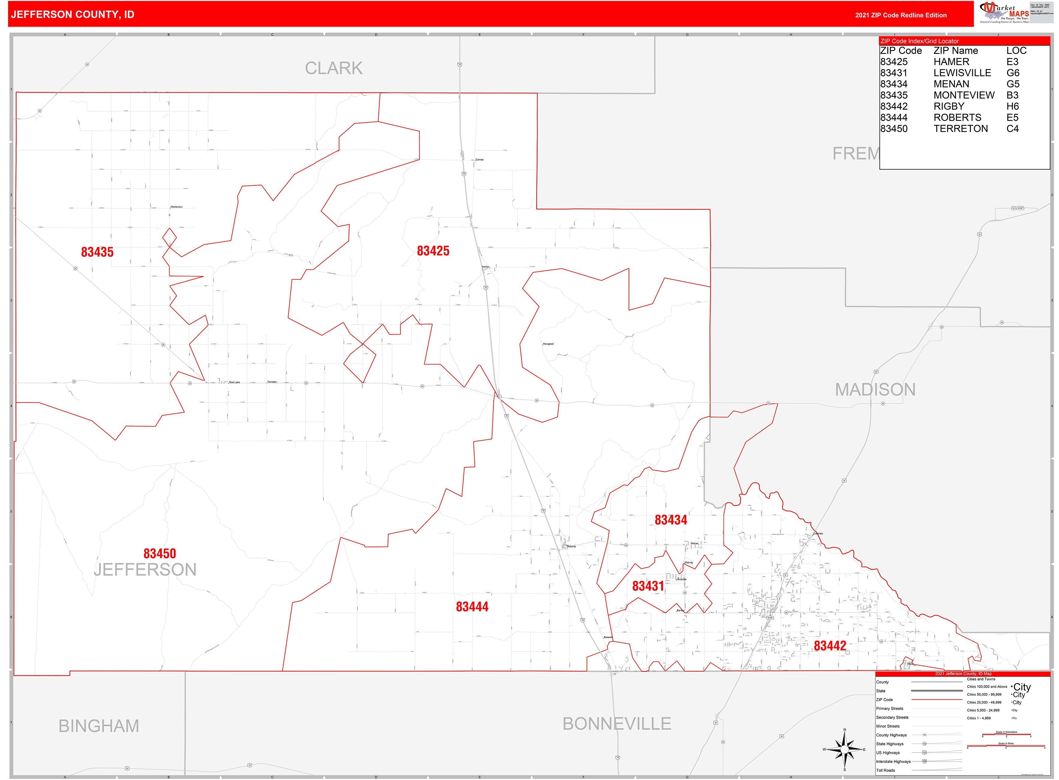 Jefferson County, ID Zip Code Wall Map Red Line Style by MarketMAPS