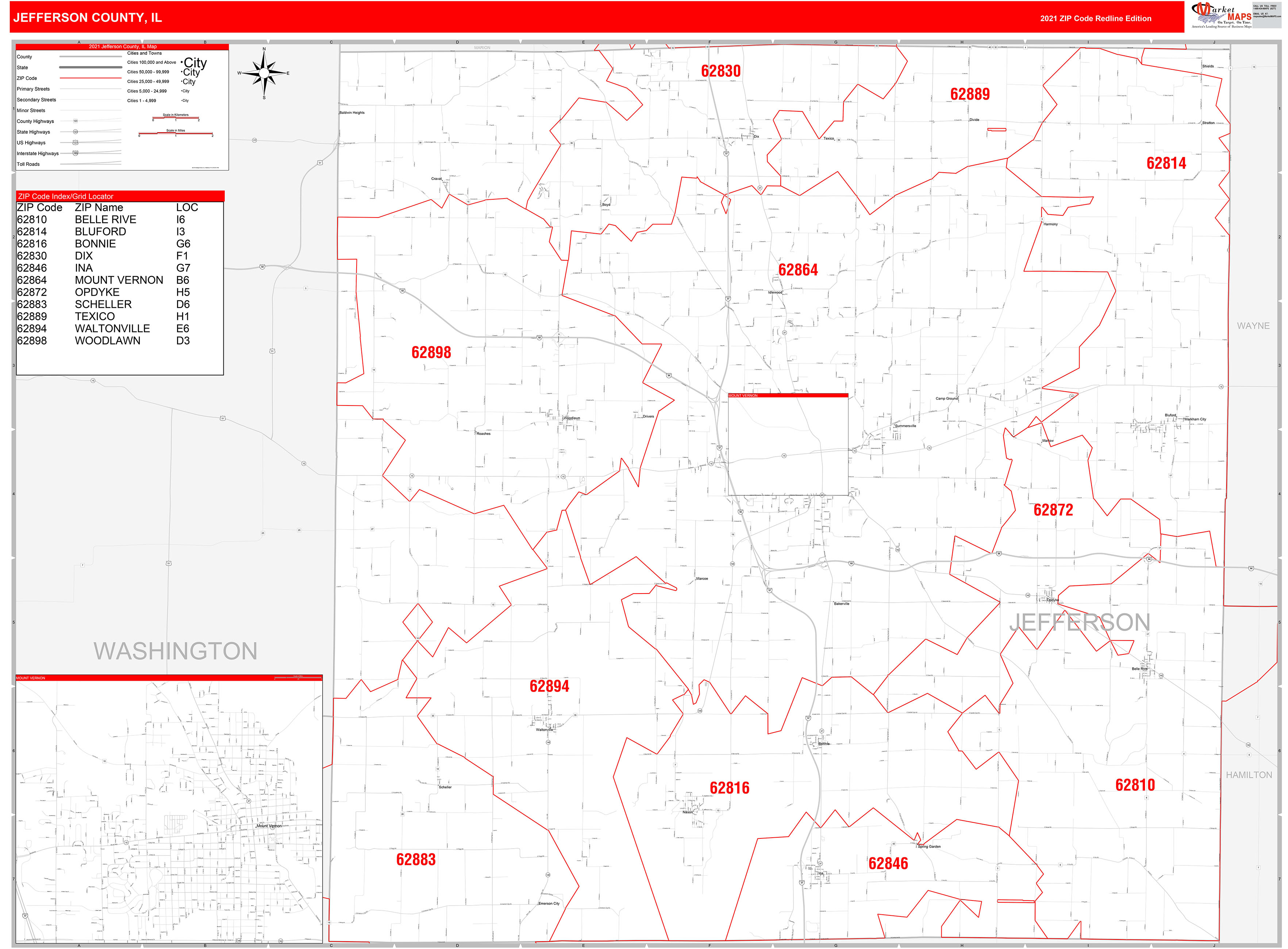 Jefferson County, IL Zip Code Wall Map Red Line Style by MarketMAPS