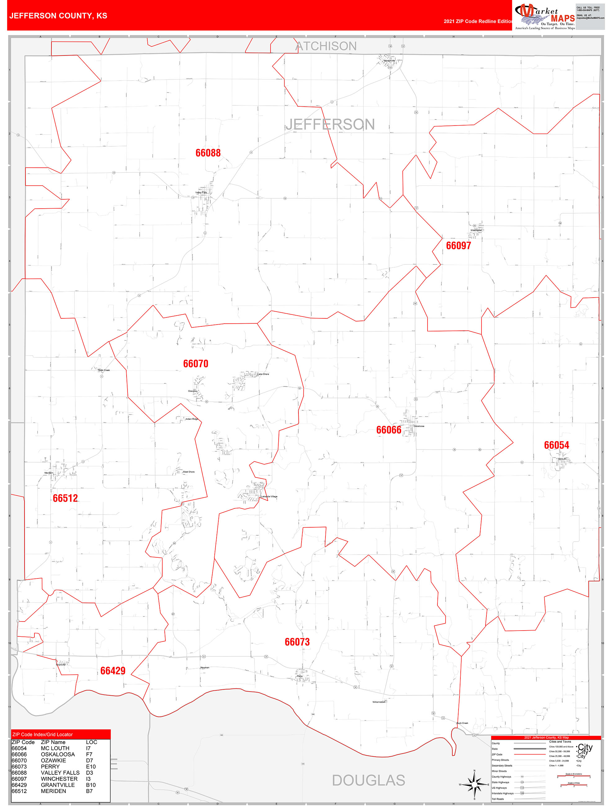 Jefferson County, KS Zip Code Wall Map Red Line Style by MarketMAPS